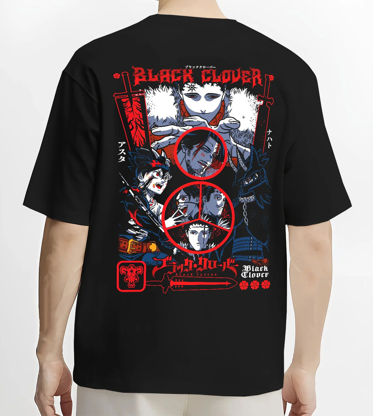 Black T-shirt model back view showing Black Clover: Asta/Yuno/Noelle composition