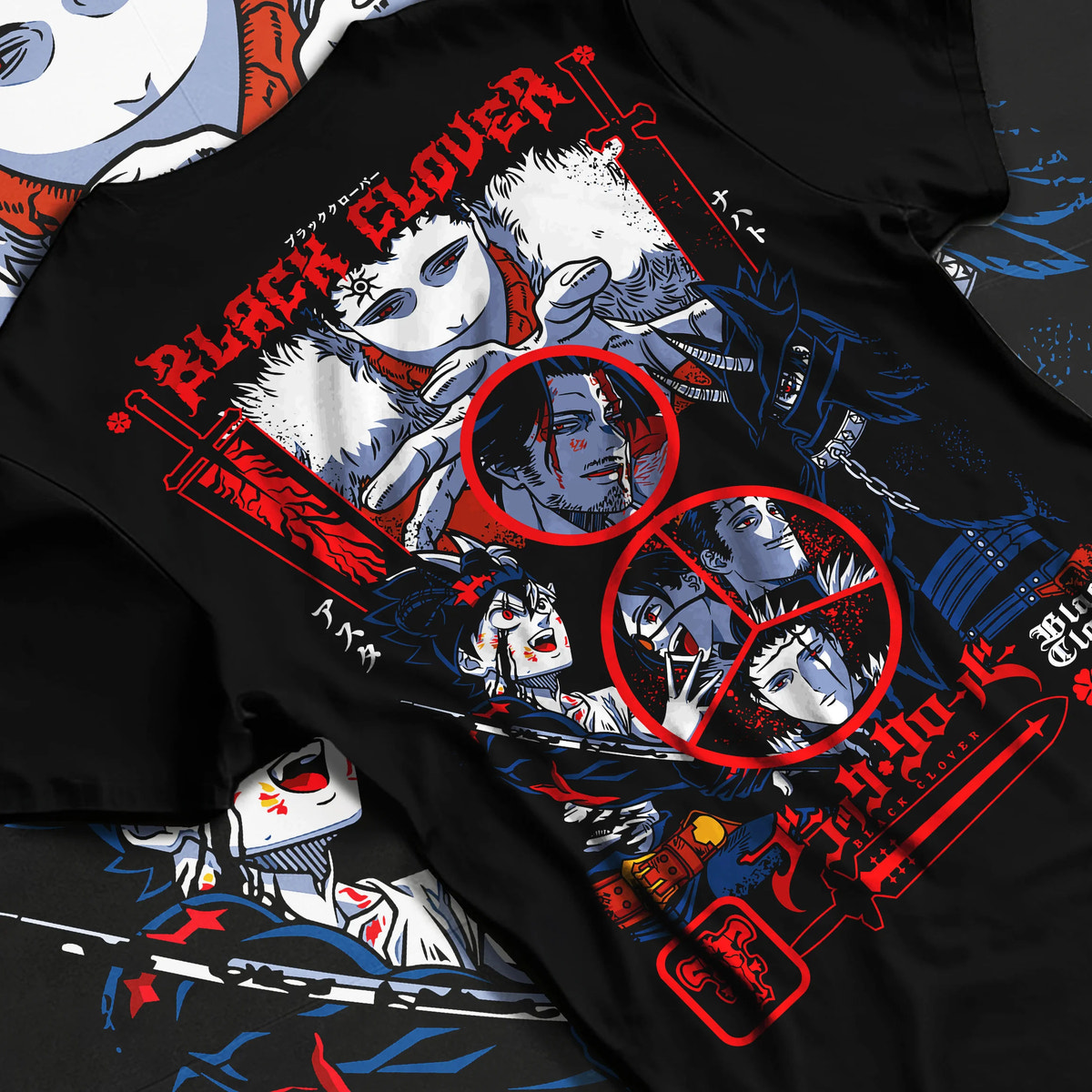 Black T-shirt flat back view showing Black Clover: Asta/Yuno/Noelle composition