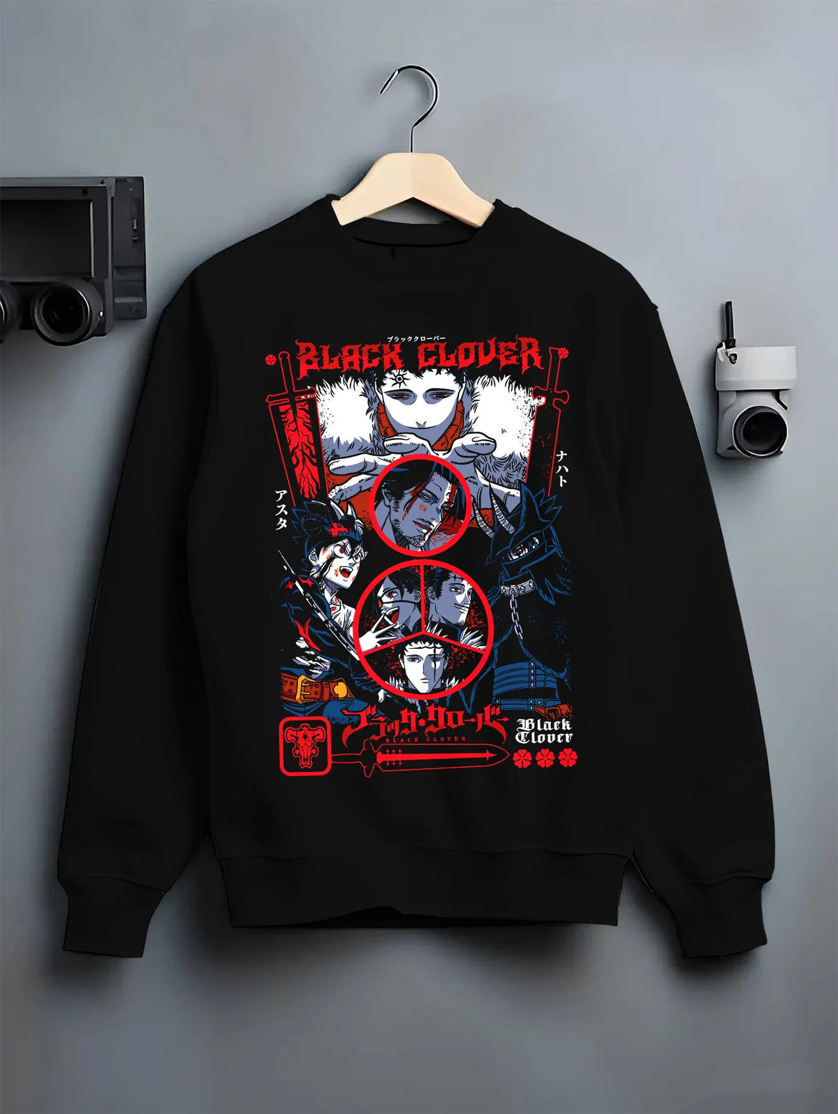 Black crewneck sweatshirt on hanger showing Black Clover: Asta/Yuno/Noelle composition