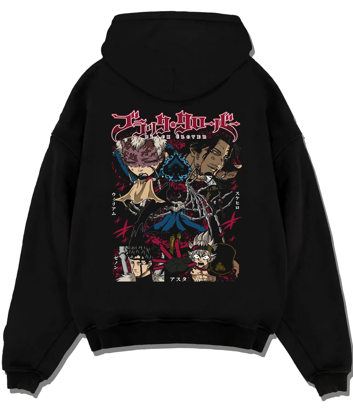 Black hoodie flat back view showing Black Clover: Asta and ensemble