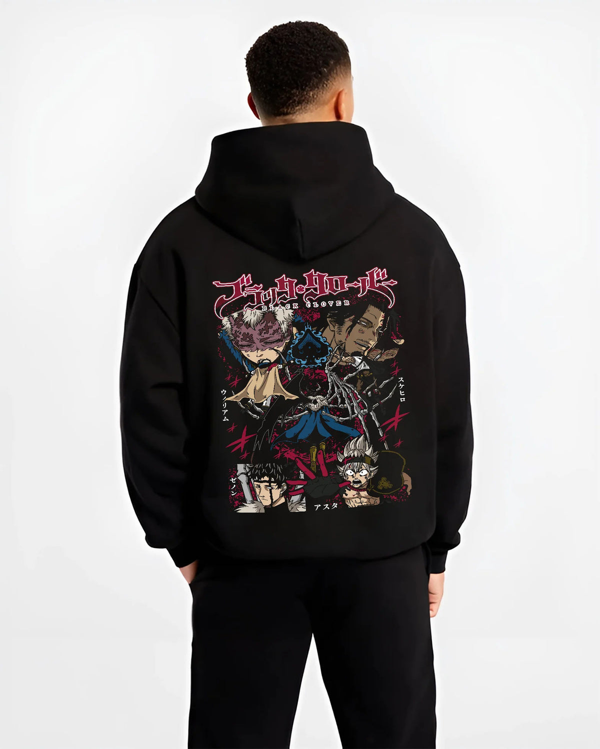 Black hoodie model back view showing Black Clover: Asta and ensemble