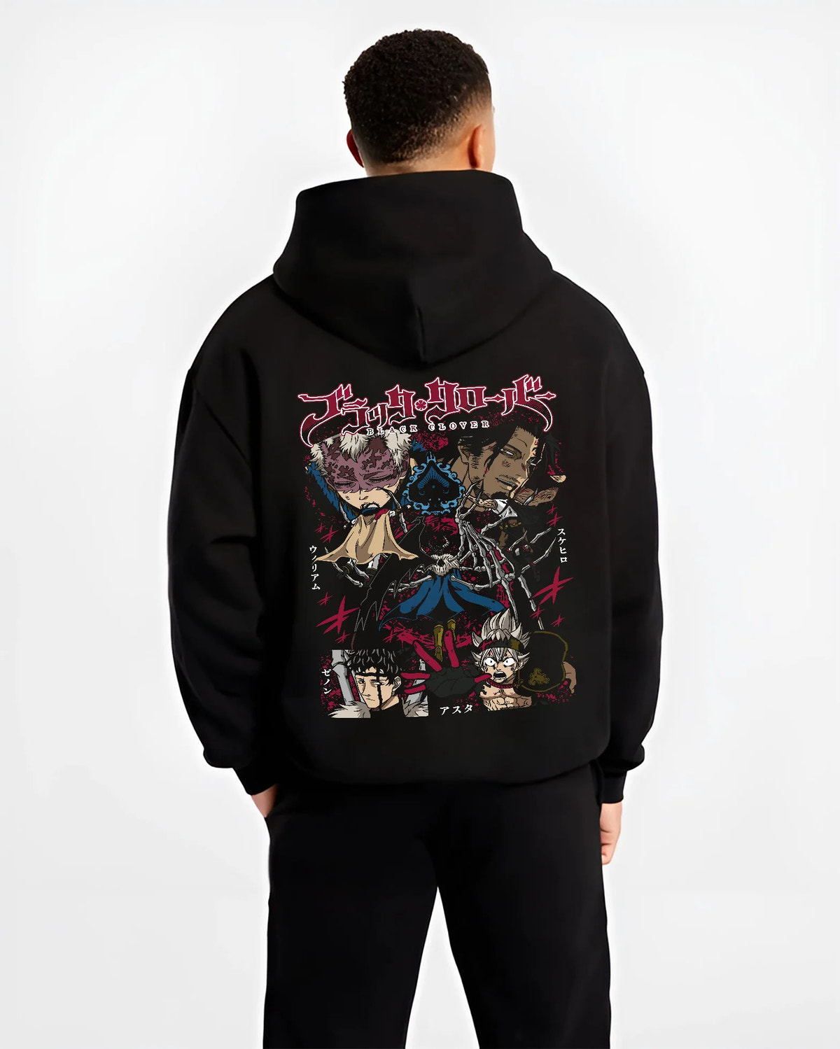 Black hoodie model back view showing Black Clover: Asta and ensemble