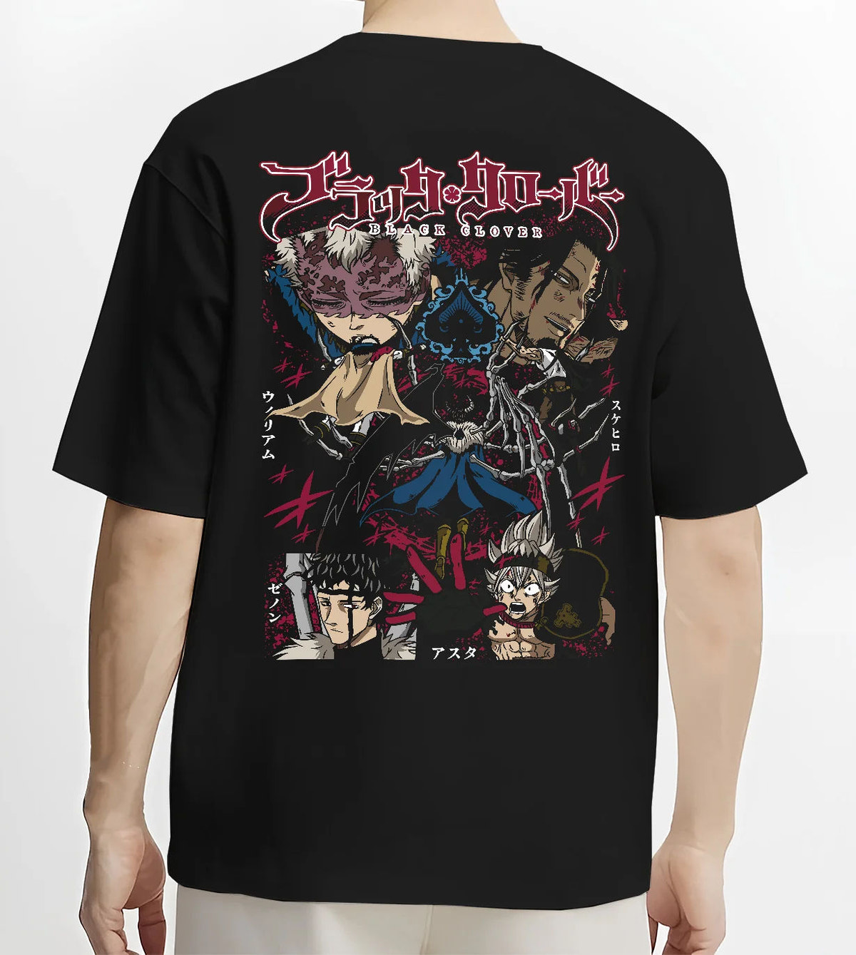 Black T-shirt model back view showing Black Clover: Asta and ensemble