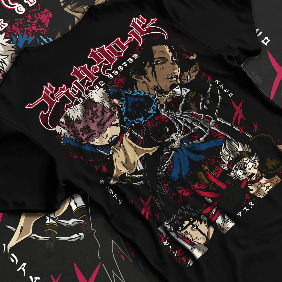 Black T-shirt flat back view showing Black Clover: Asta and ensemble