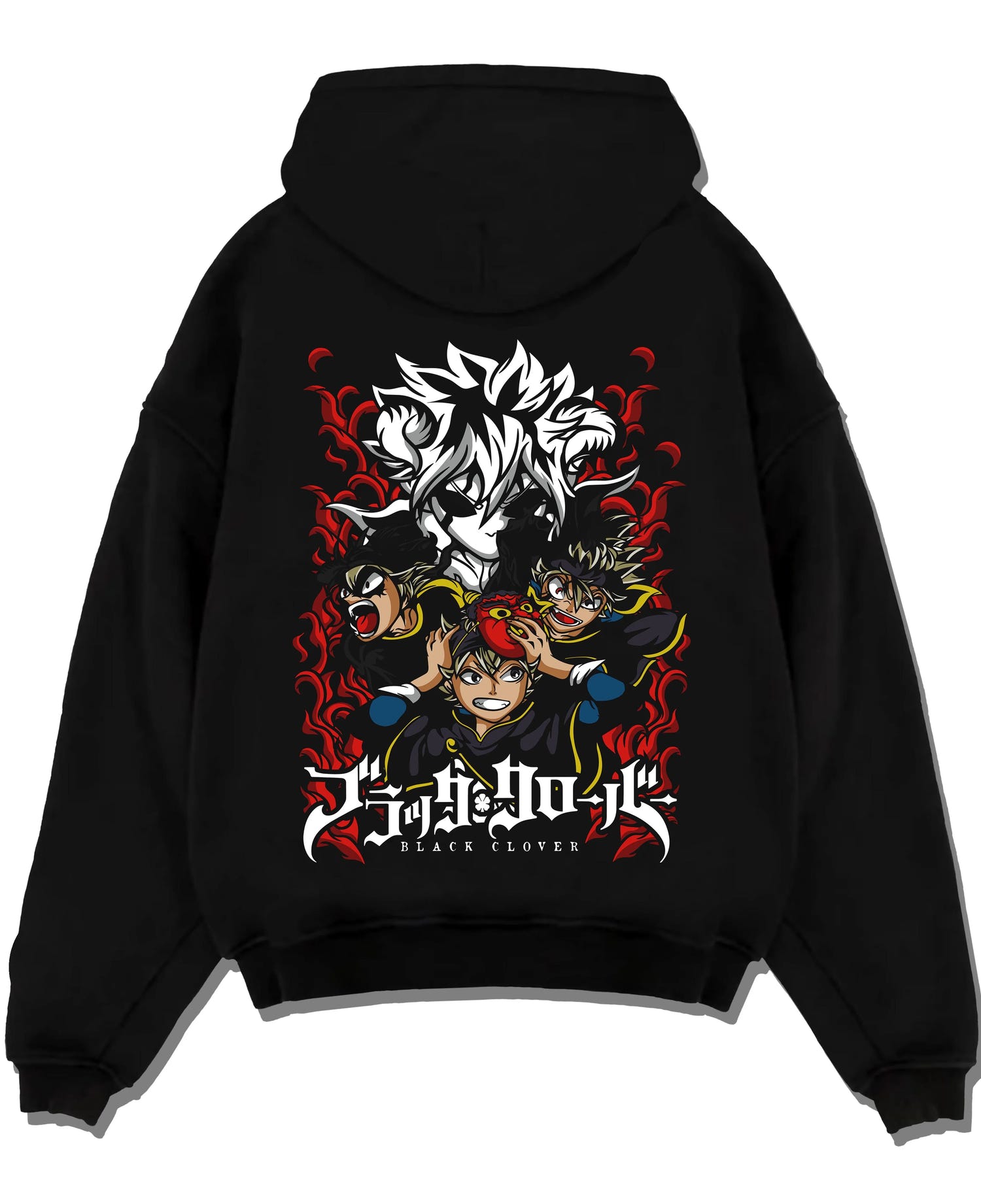 Black pullover hoodie laid flat with Asta Clover Hoodie Black Clover Dark Grimoire Battle graphic Asta anime design.