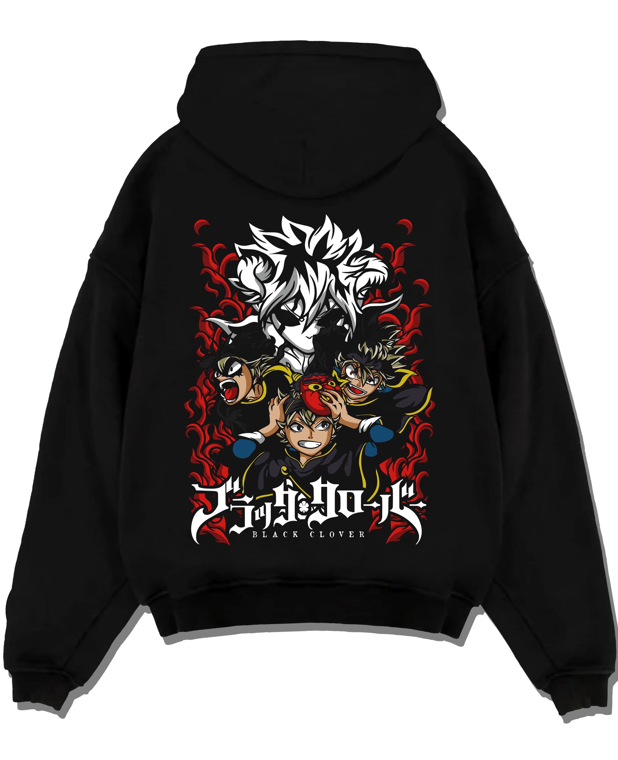 Black pullover hoodie laid flat with Asta Clover Hoodie Black Clover Dark Grimoire Battle graphic Asta anime design.