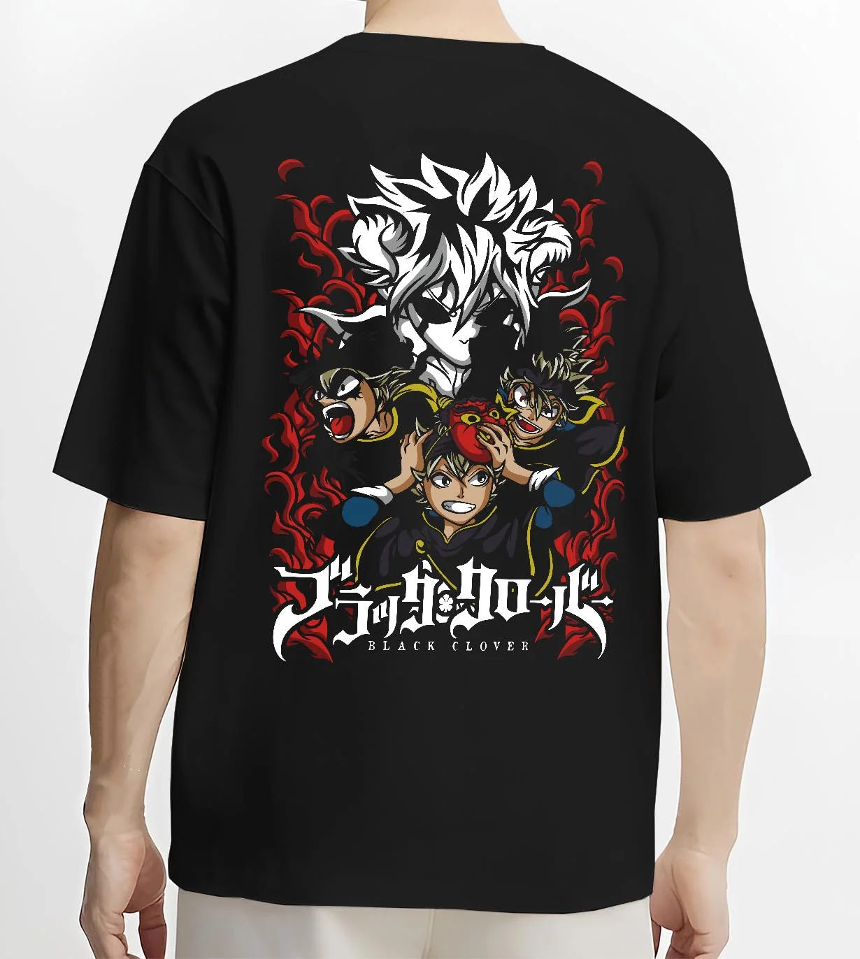Black T-shirt worn by male model, back view with Asta Clover Hoodie Black Clover Dark Grimoire Battle graphic Asta anime design.