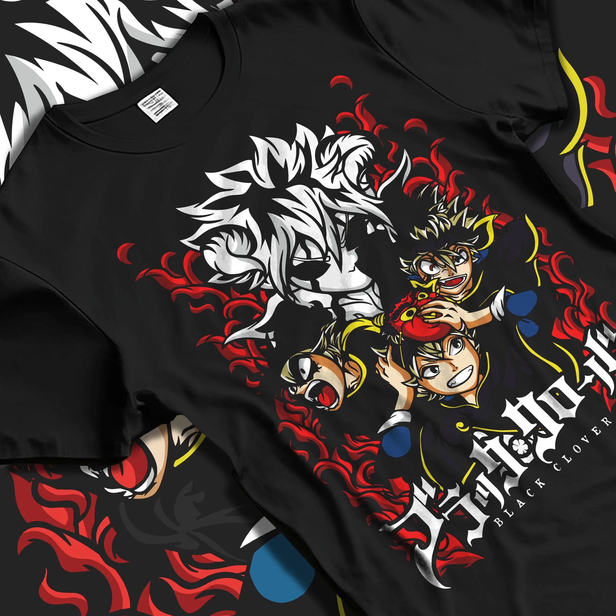 Black T-shirt laid flat with natural folds with Asta Clover Hoodie Black Clover Dark Grimoire Battle graphic streetwear graphic.