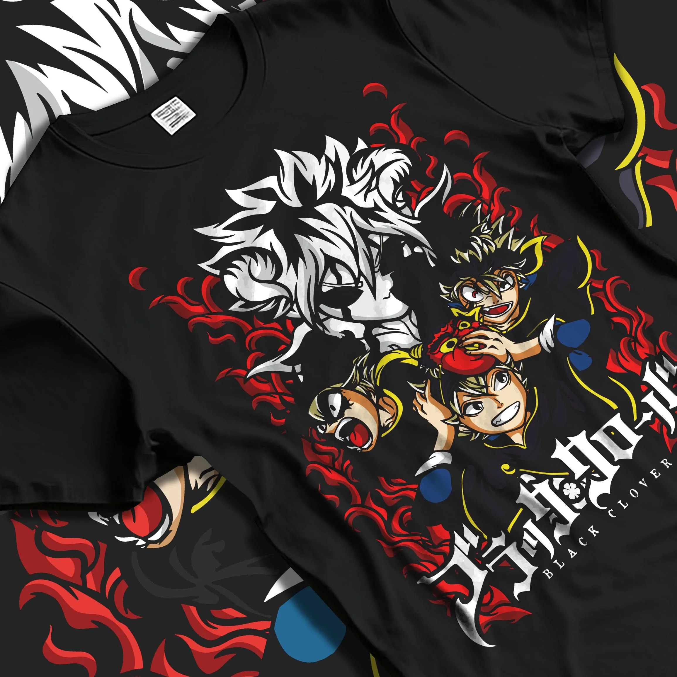 Black T-shirt laid flat with natural folds with Asta Clover Hoodie Black Clover Dark Grimoire Battle graphic streetwear graphic.