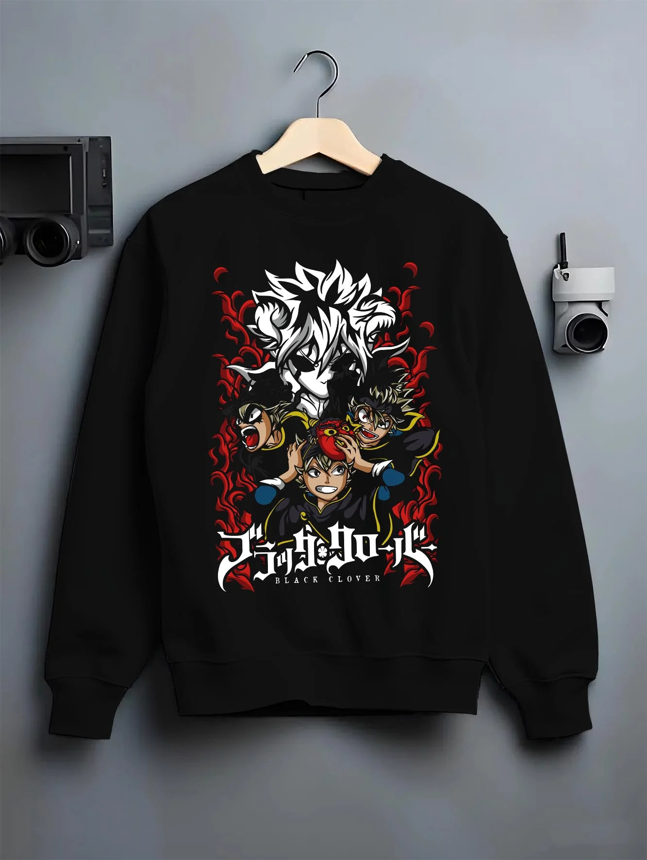 Black crewneck sweatshirt on hanger with Asta Clover Hoodie Black Clover Dark Grimoire Battle graphic bold anime graphic.