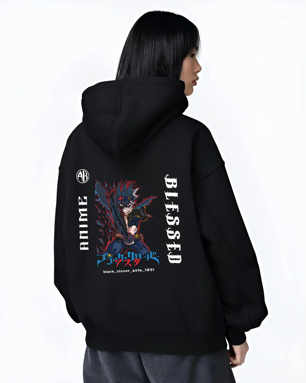 Black hoodie female model back view showing Asta from Black Clover: Black Clover demon form