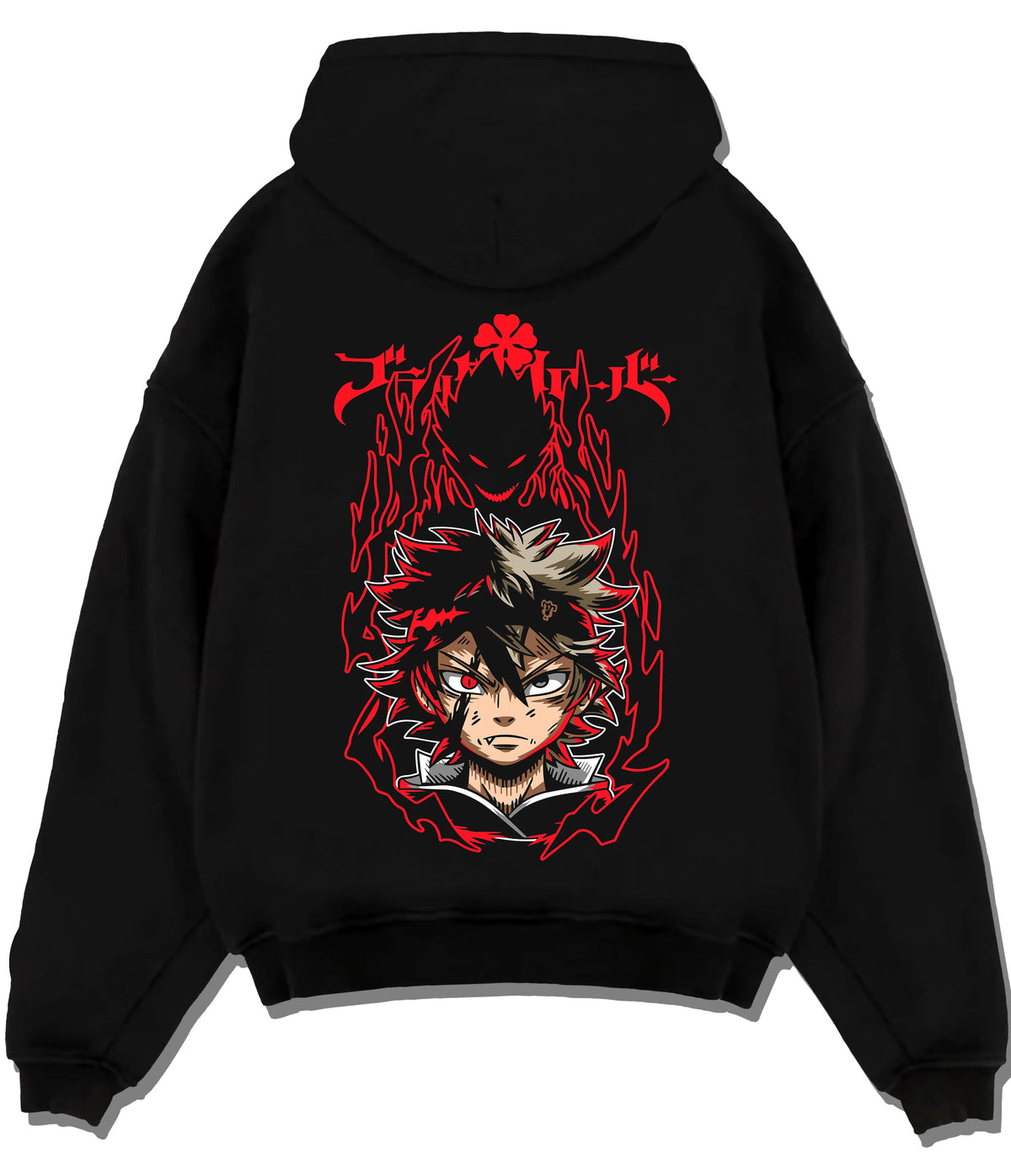 Black hoodie flat back view showing Asta from Black Clover: demon-themed portrait