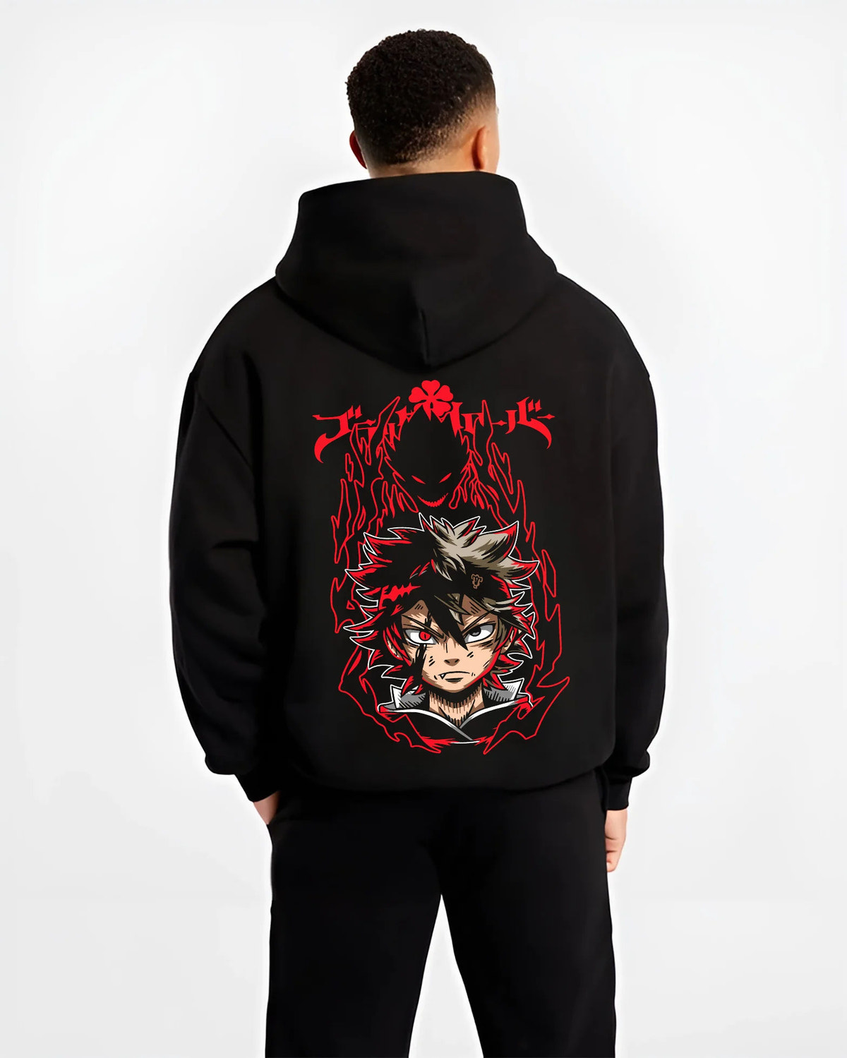 Black hoodie model back view showing Asta from Black Clover: demon-themed portrait