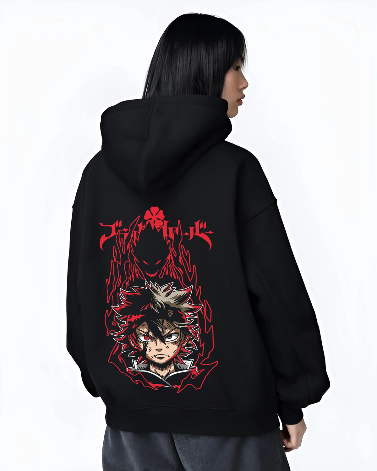 Black hoodie female model back view showing Asta from Black Clover: demon-themed portrait