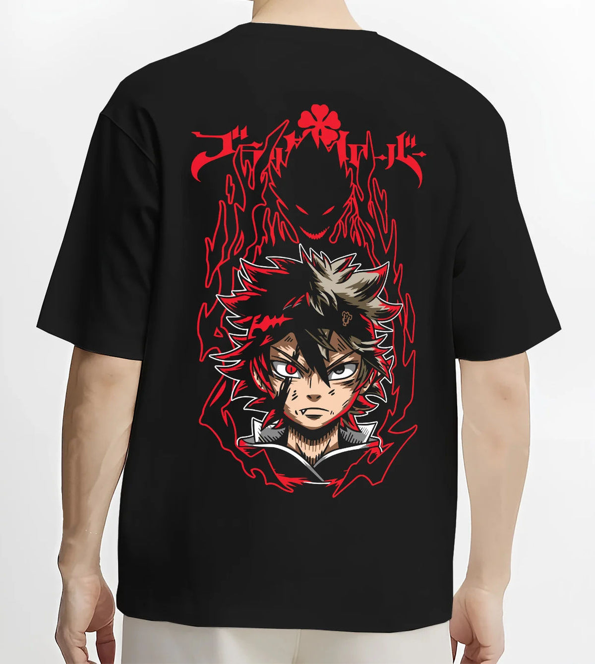 Black T-shirt model back view showing Asta from Black Clover: demon-themed portrait