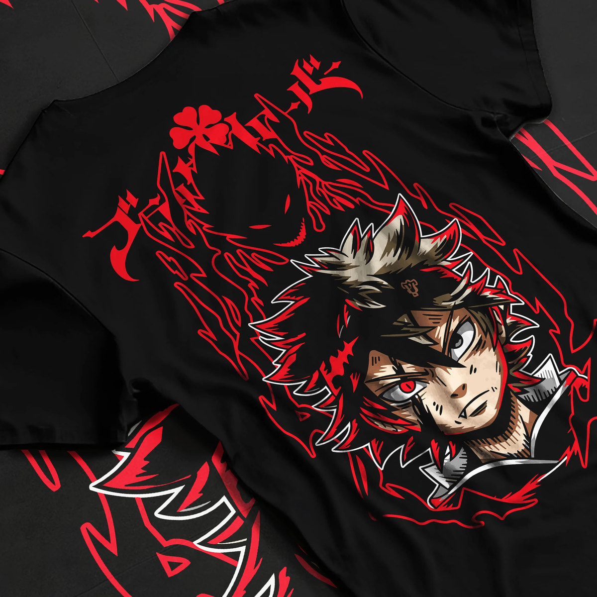 Black T-shirt flat back view showing Asta from Black Clover: demon-themed portrait