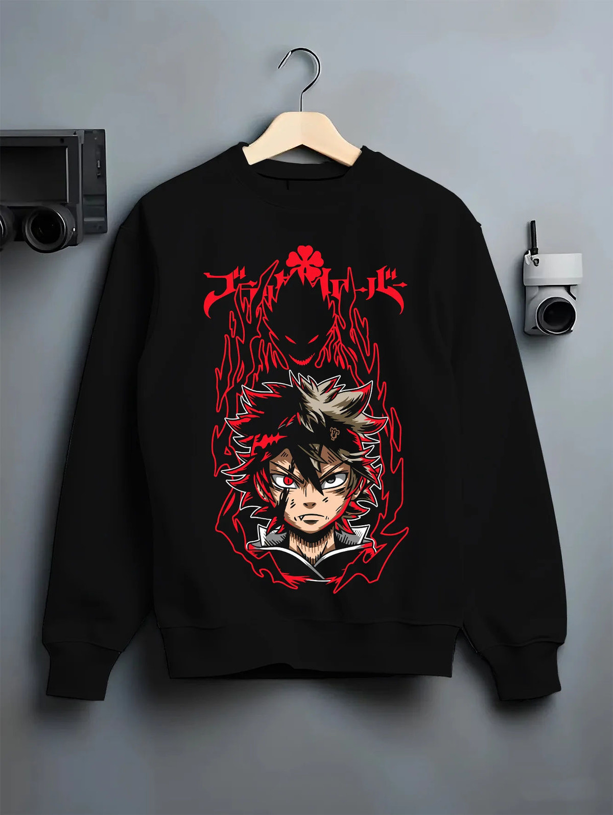 Black crewneck sweatshirt on hanger showing Asta from Black Clover: demon-themed portrait