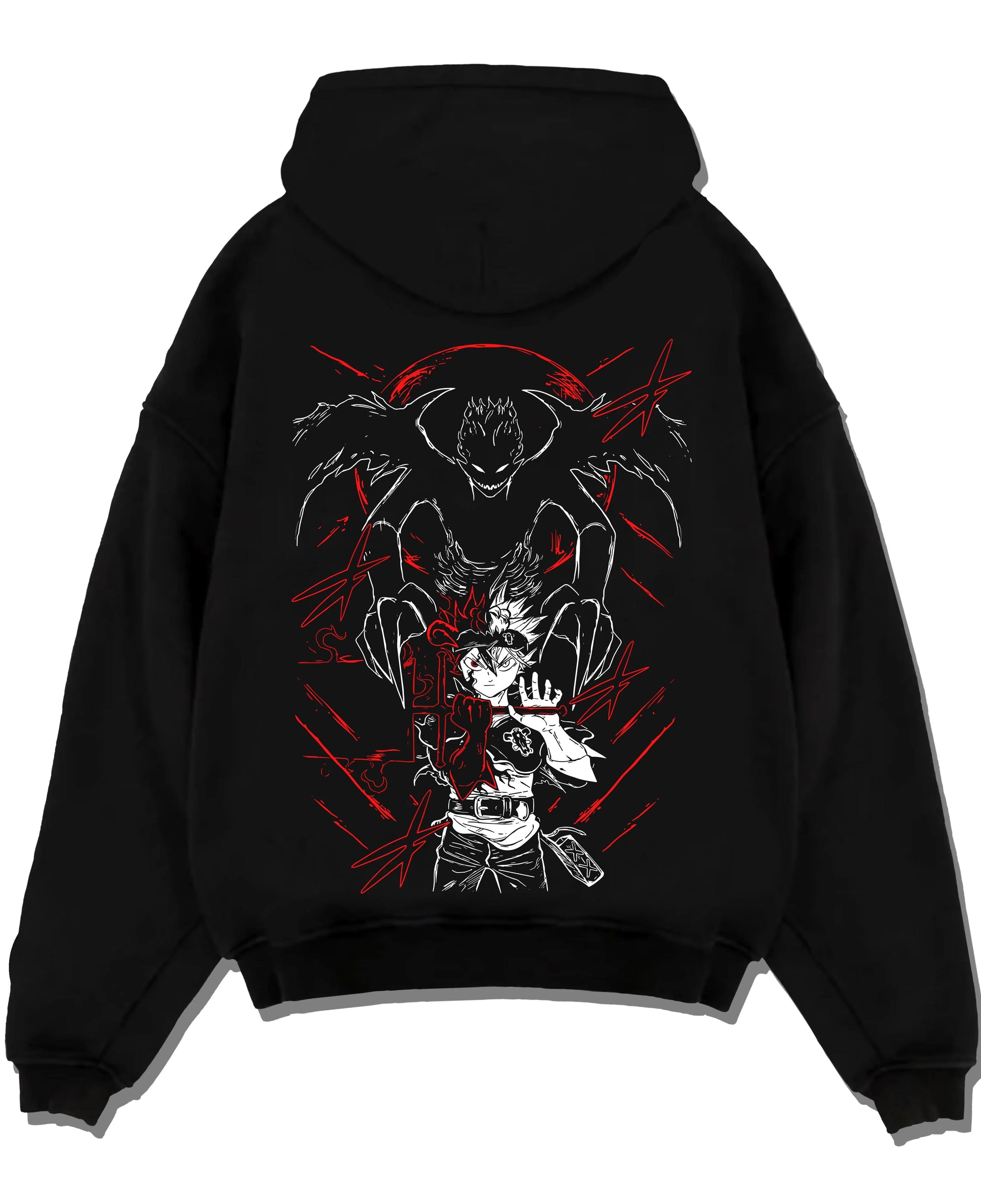 Black pullover hoodie laid flat with Asta and Friends Hoodie Black Clover Squad United graphic bold anime graphic.