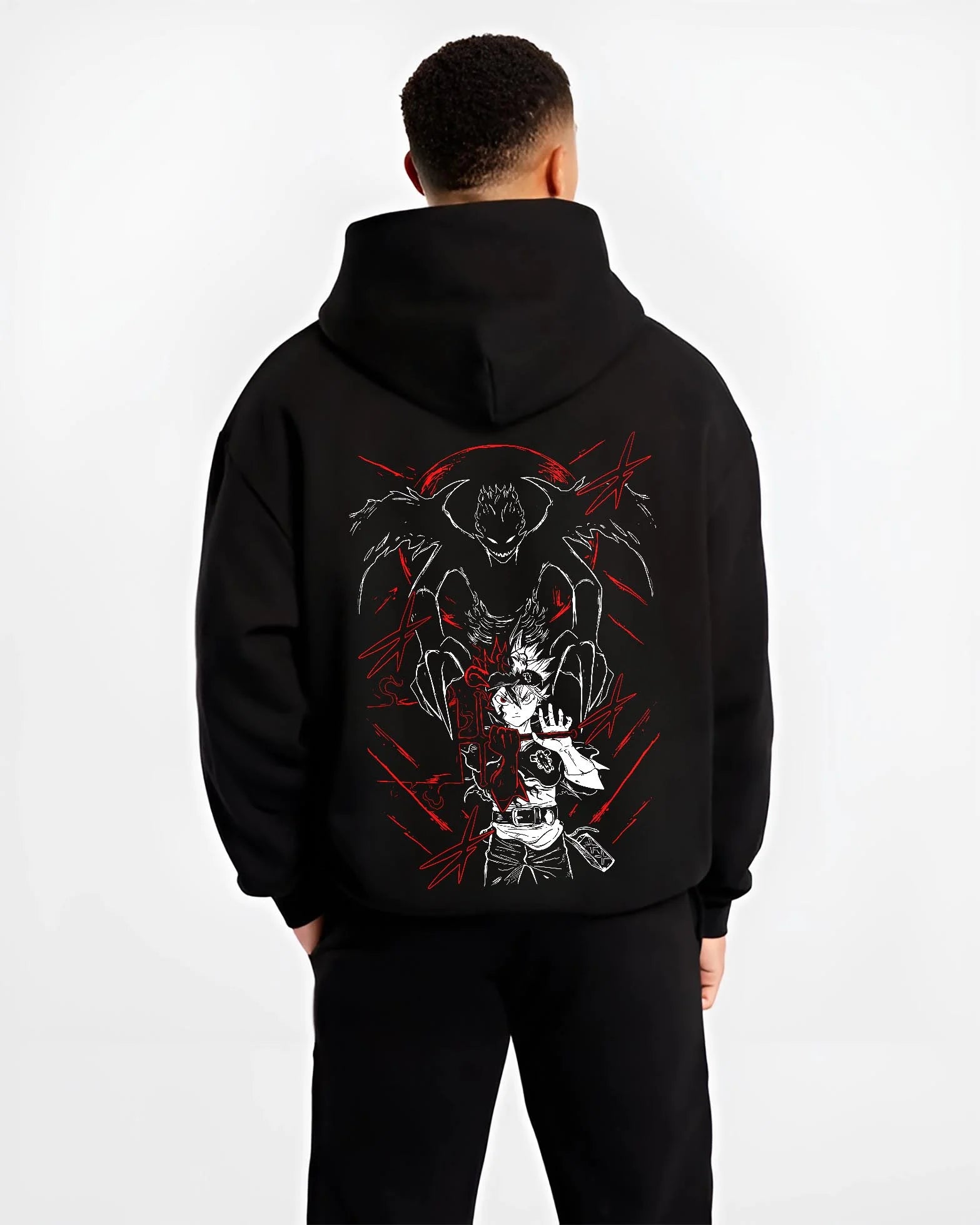 Black hoodie worn by male model, back view with Asta and Friends Hoodie Black Clover Squad United graphic streetwear graphic.