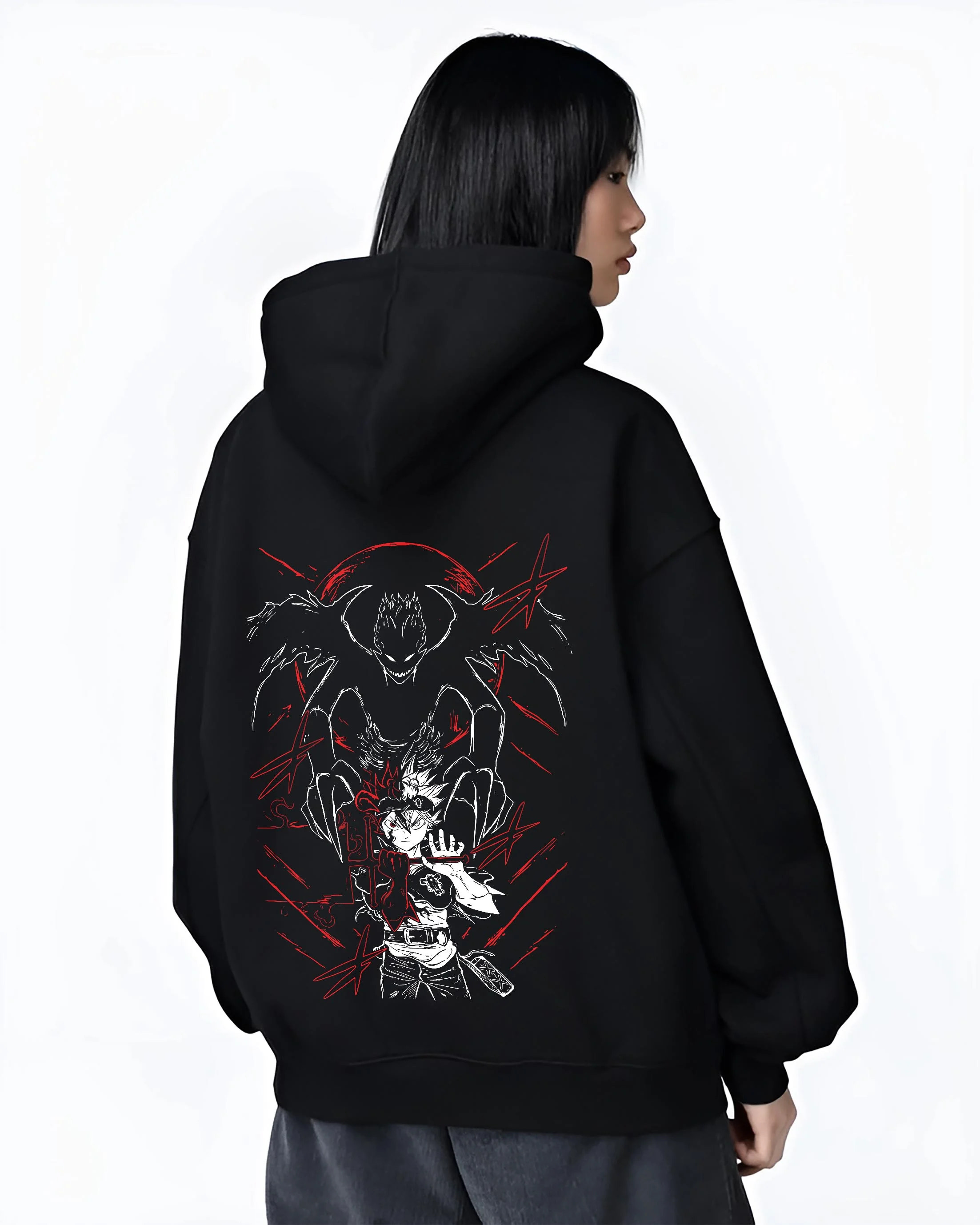 Black hoodie worn by female model, back view with Asta and Friends Hoodie Black Clover Squad United graphic Asta anime design.