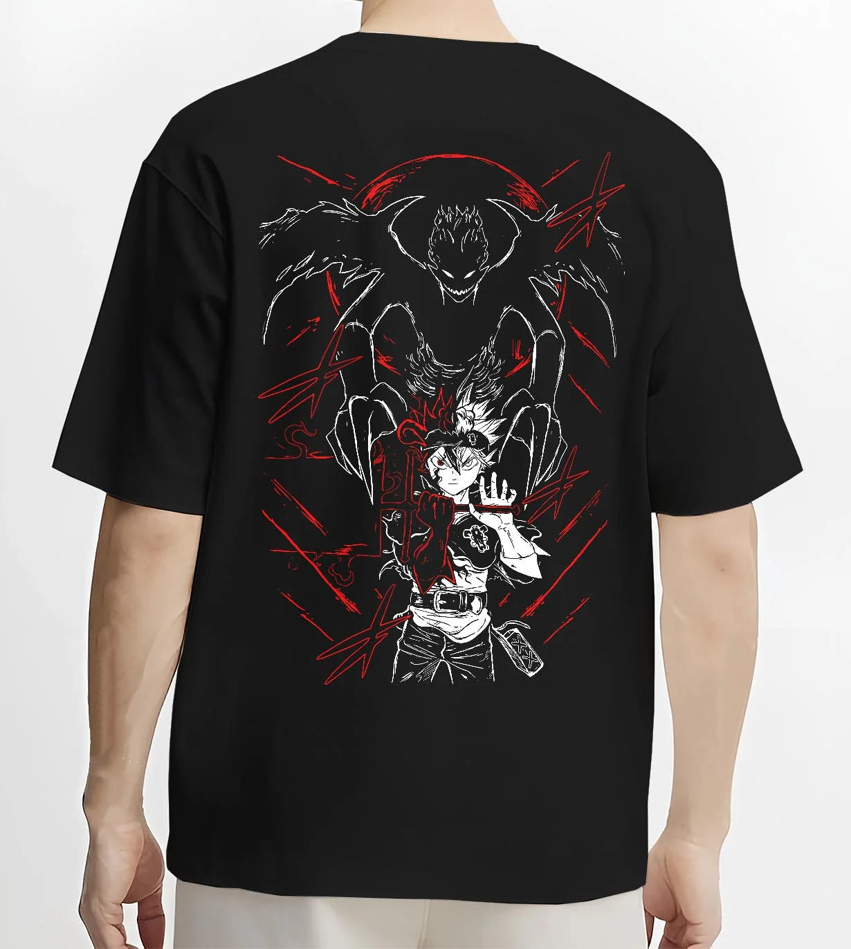 Black T-shirt worn by male model, back view with Asta and Friends Hoodie Black Clover Squad United graphic Asta anime design.