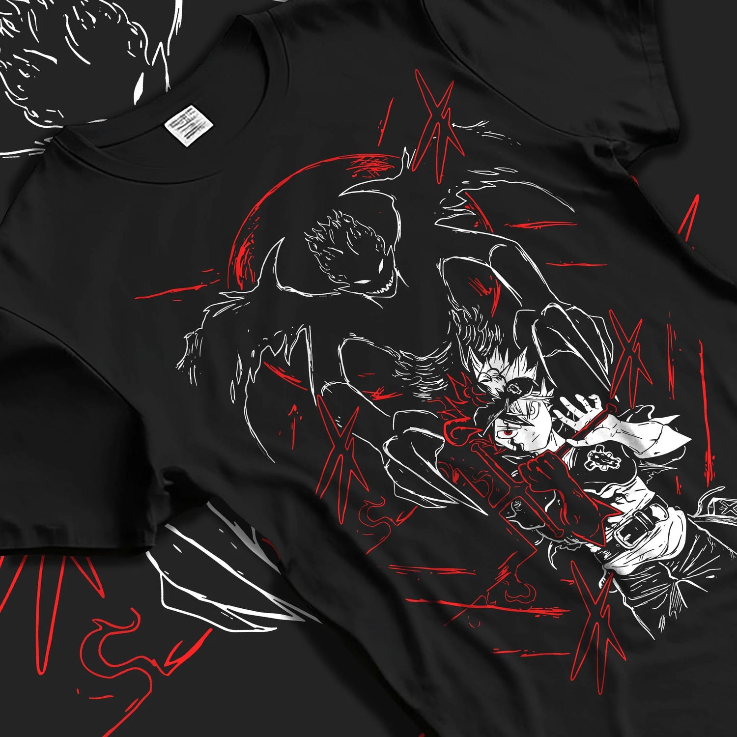 Black T-shirt laid flat with natural folds with Asta and Friends Hoodie Black Clover Squad United graphic streetwear graphic.