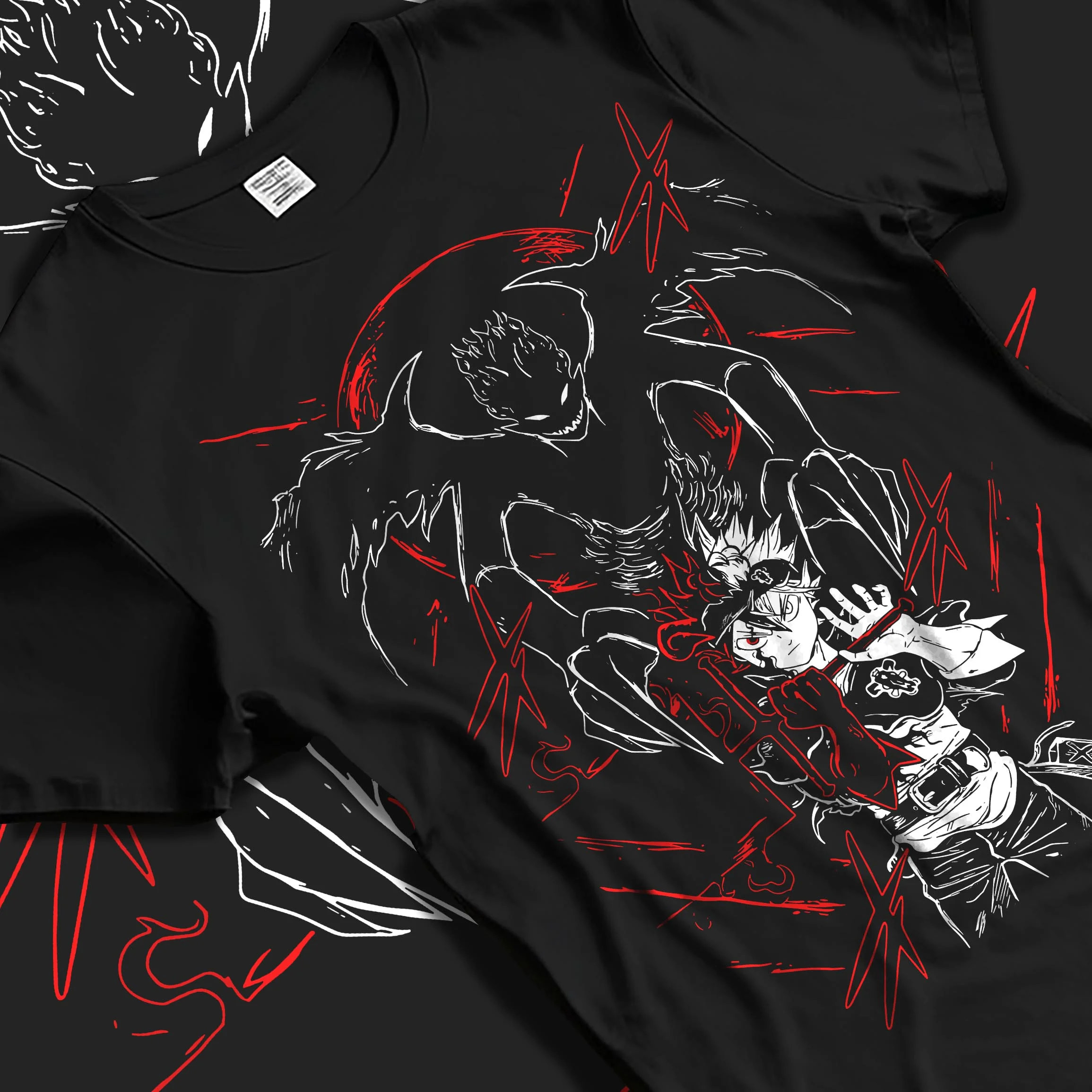 Black T-shirt laid flat with natural folds with Asta and Friends Hoodie Black Clover Squad United graphic streetwear graphic.