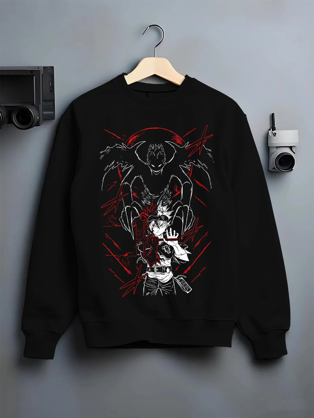 Black crewneck sweatshirt on hanger with Asta and Friends Hoodie Black Clover Squad United graphic Asta anime design.