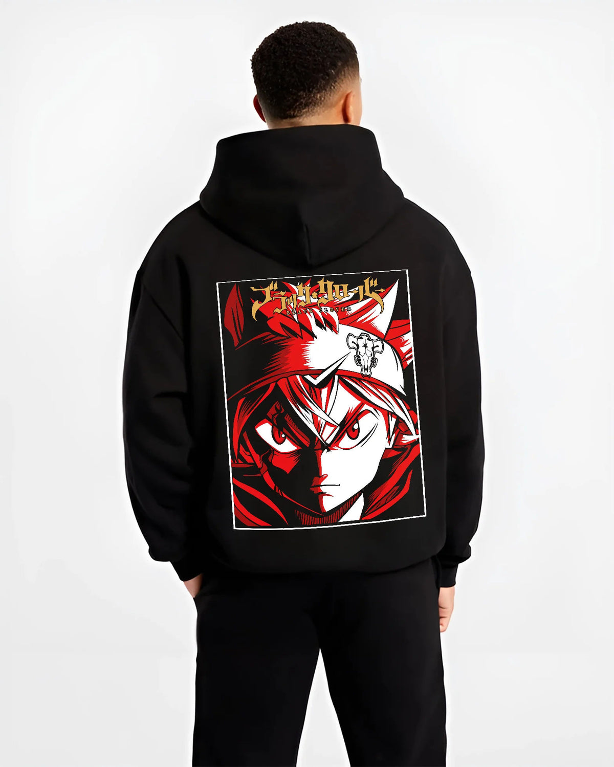 Black hoodie model back view showing Asta from Black Clover: Black Clover swordsman portrait