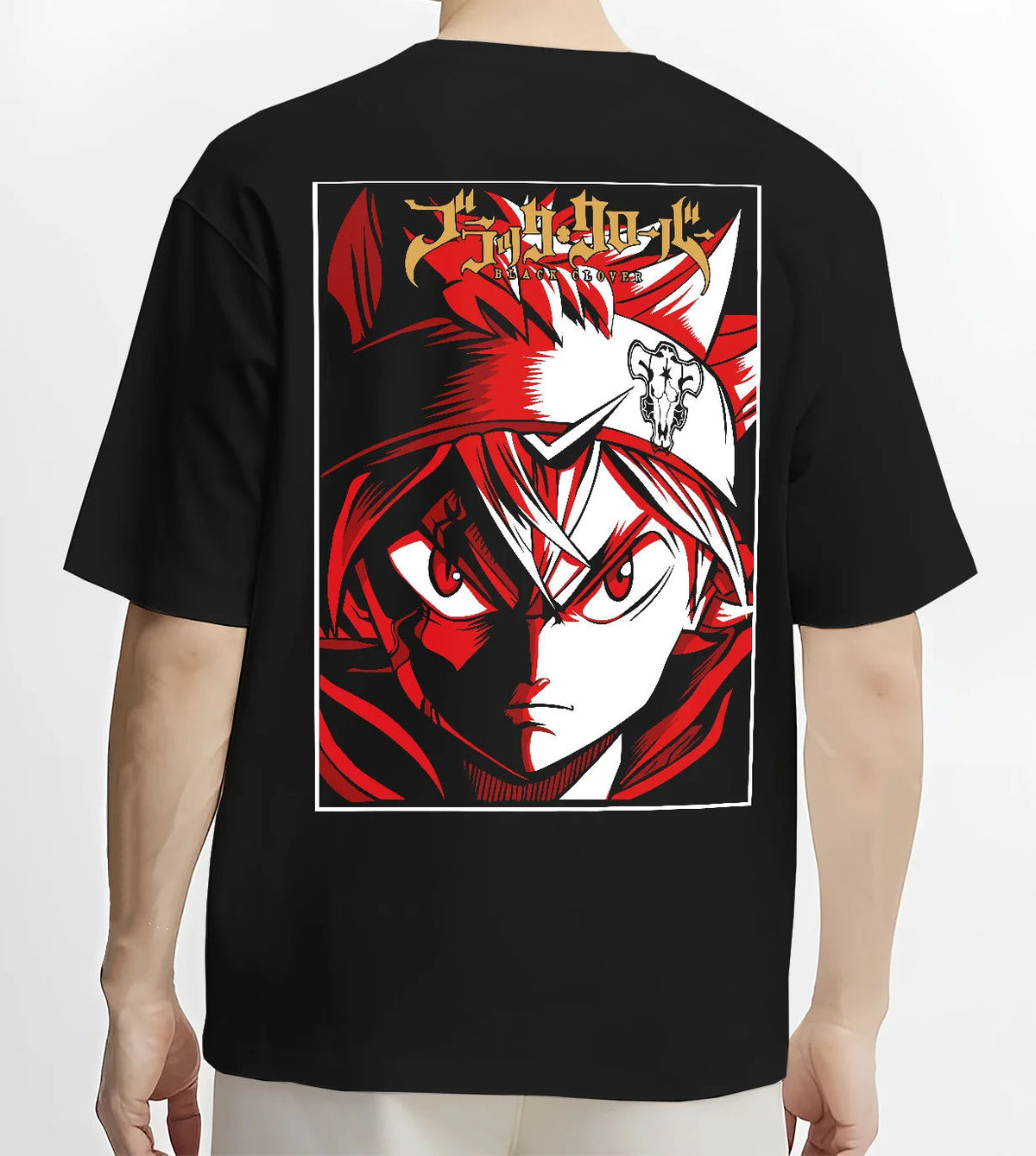 Black T-shirt model back view showing Asta from Black Clover: Black Clover swordsman portrait