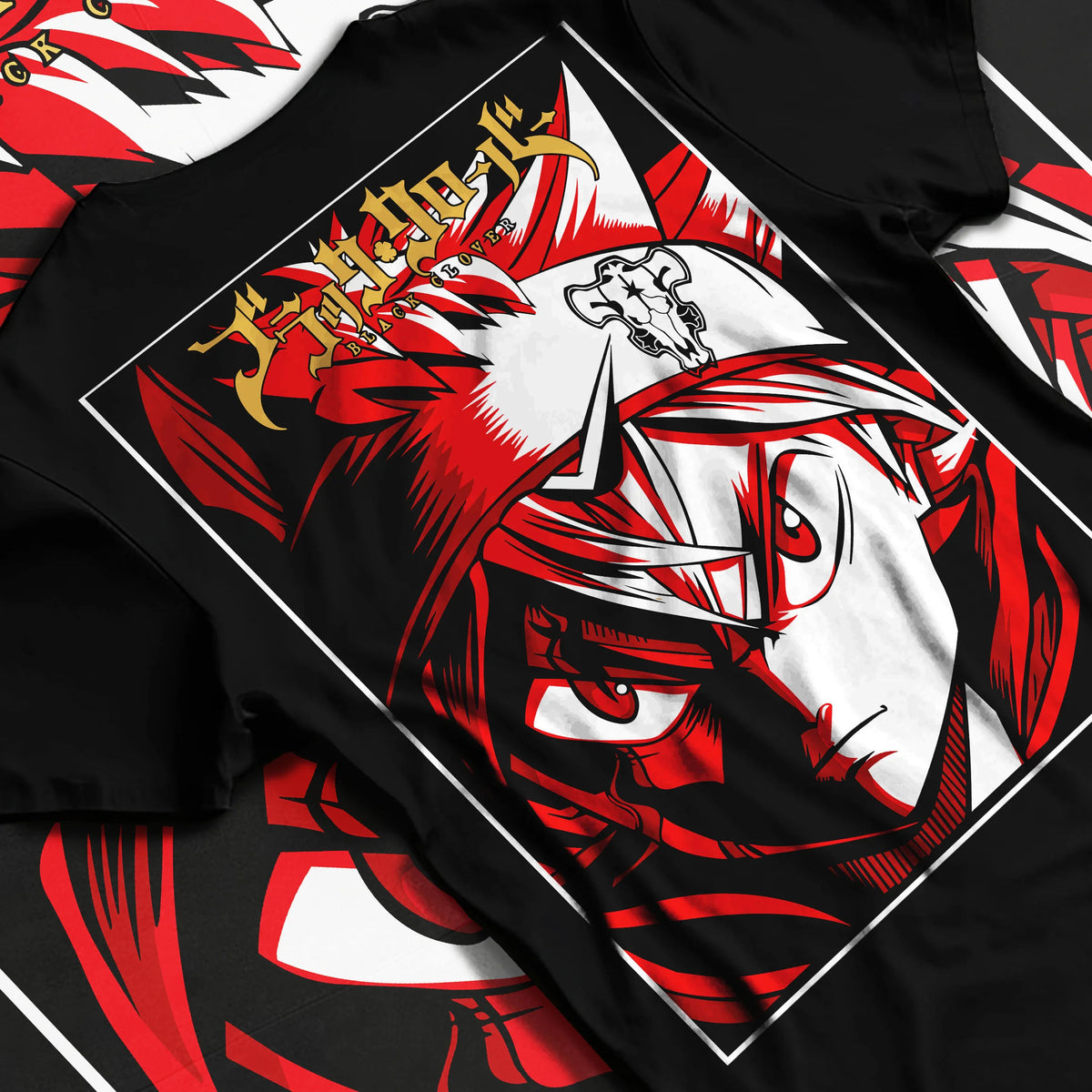 Black T-shirt flat back view showing Asta from Black Clover: Black Clover swordsman portrait
