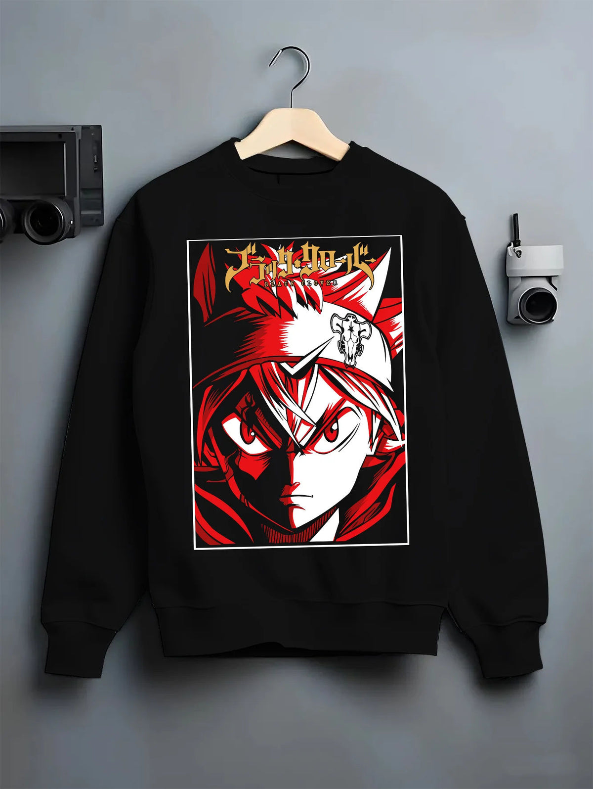 Black crewneck sweatshirt on hanger showing Asta from Black Clover: Black Clover swordsman portrait