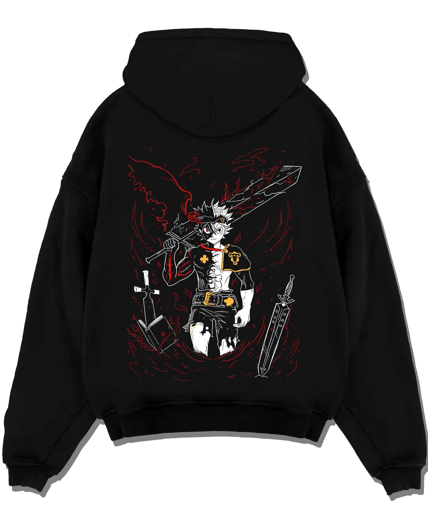 Black pullover hoodie laid flat with Asta Demon Sword Hoodie Black Clover Dark Blade Form graphic Asta anime design.