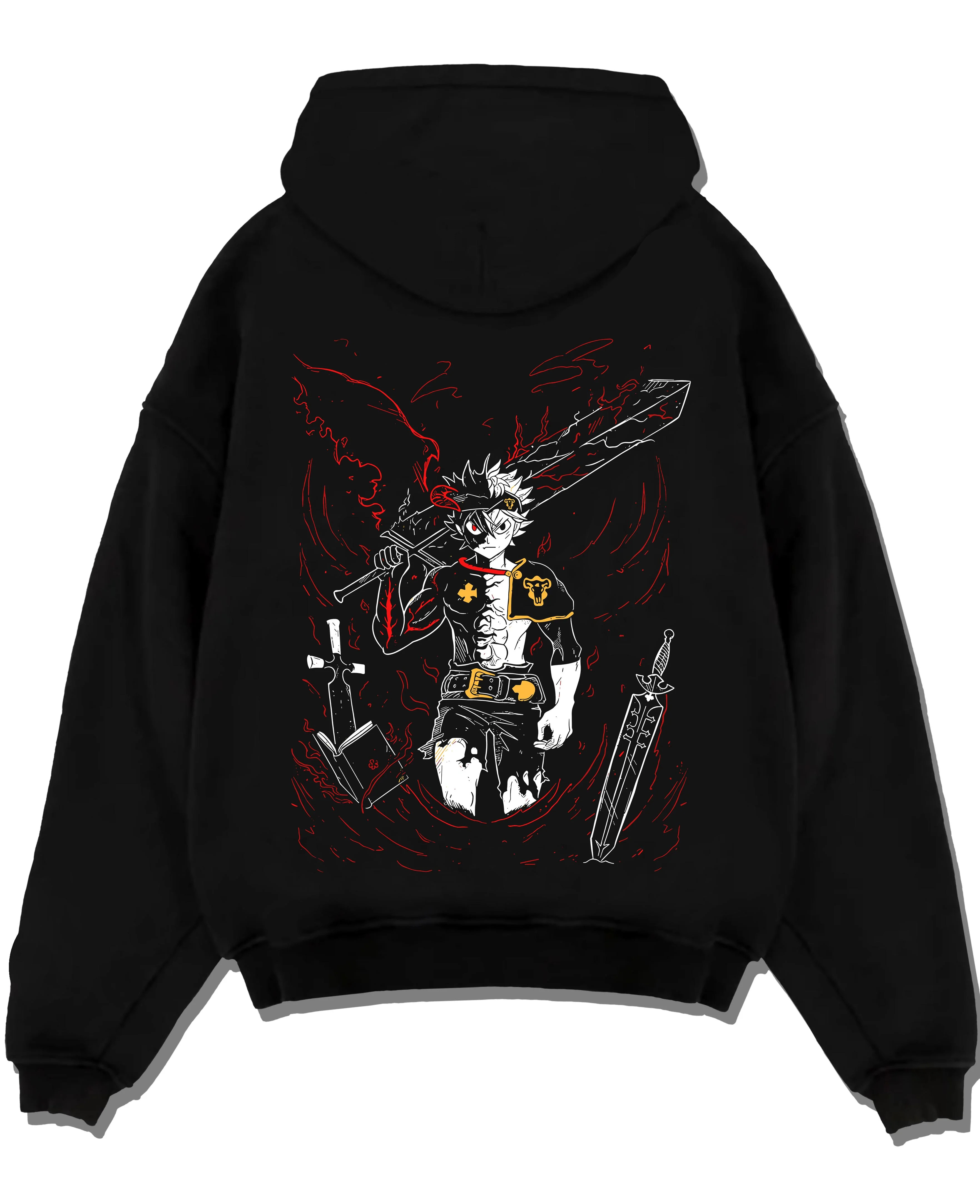 Black pullover hoodie laid flat with Asta Demon Sword Hoodie Black Clover Dark Blade Form graphic Asta anime design.