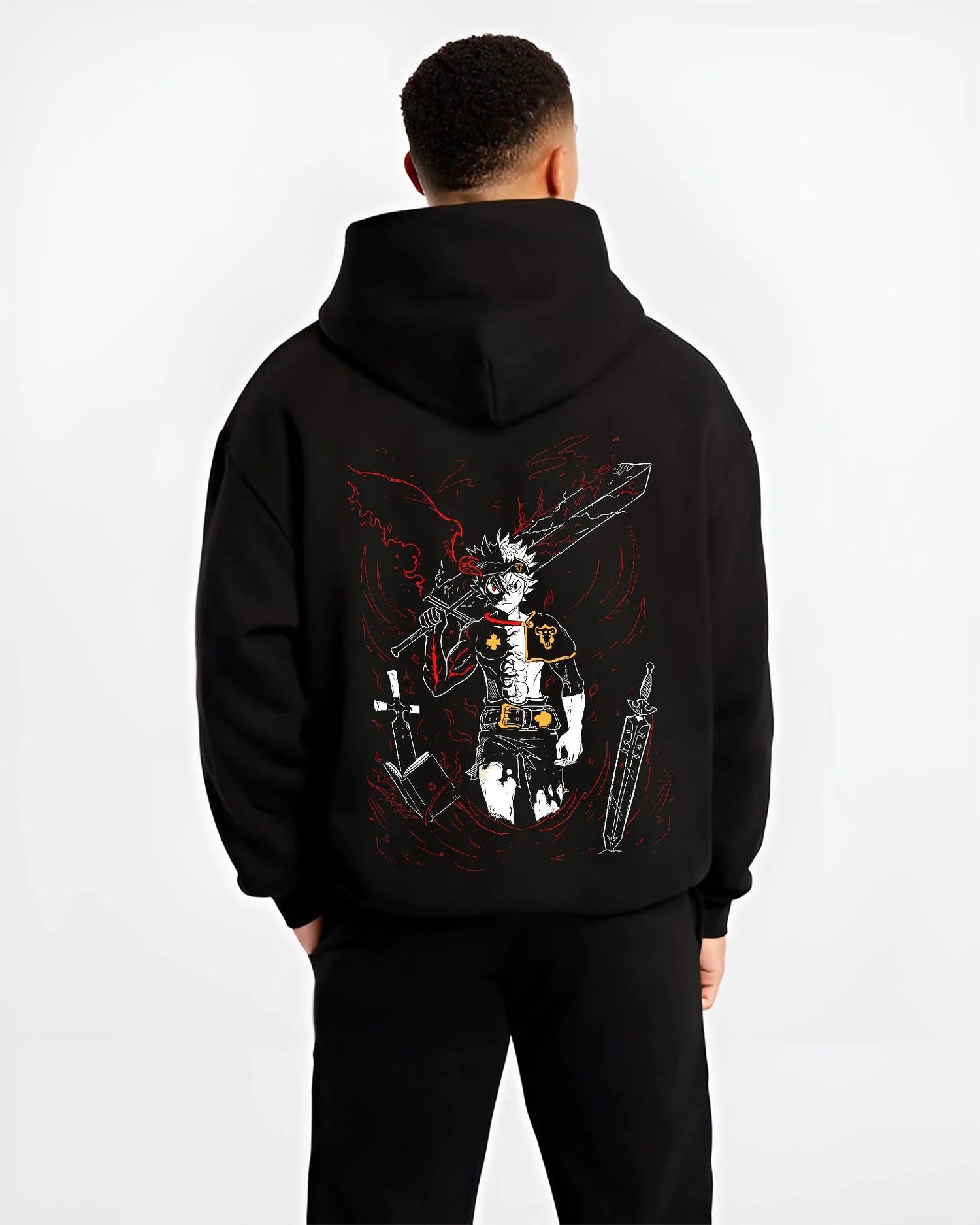 Black hoodie worn by male model, back view with Asta Demon Sword Hoodie Black Clover Dark Blade Form graphic streetwear graphic.