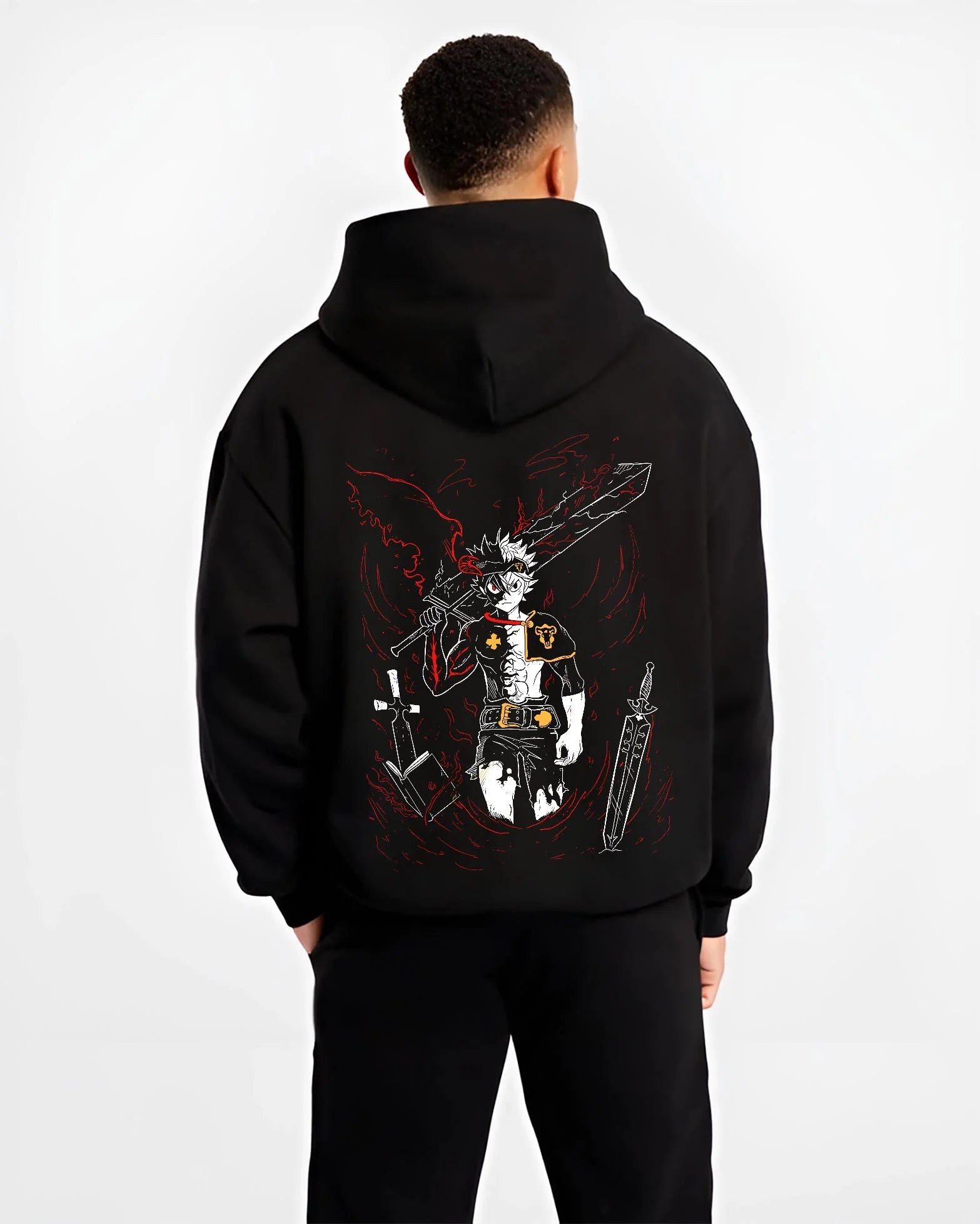 Black hoodie worn by male model, back view with Asta Demon Sword Hoodie Black Clover Dark Blade Form graphic streetwear graphic.