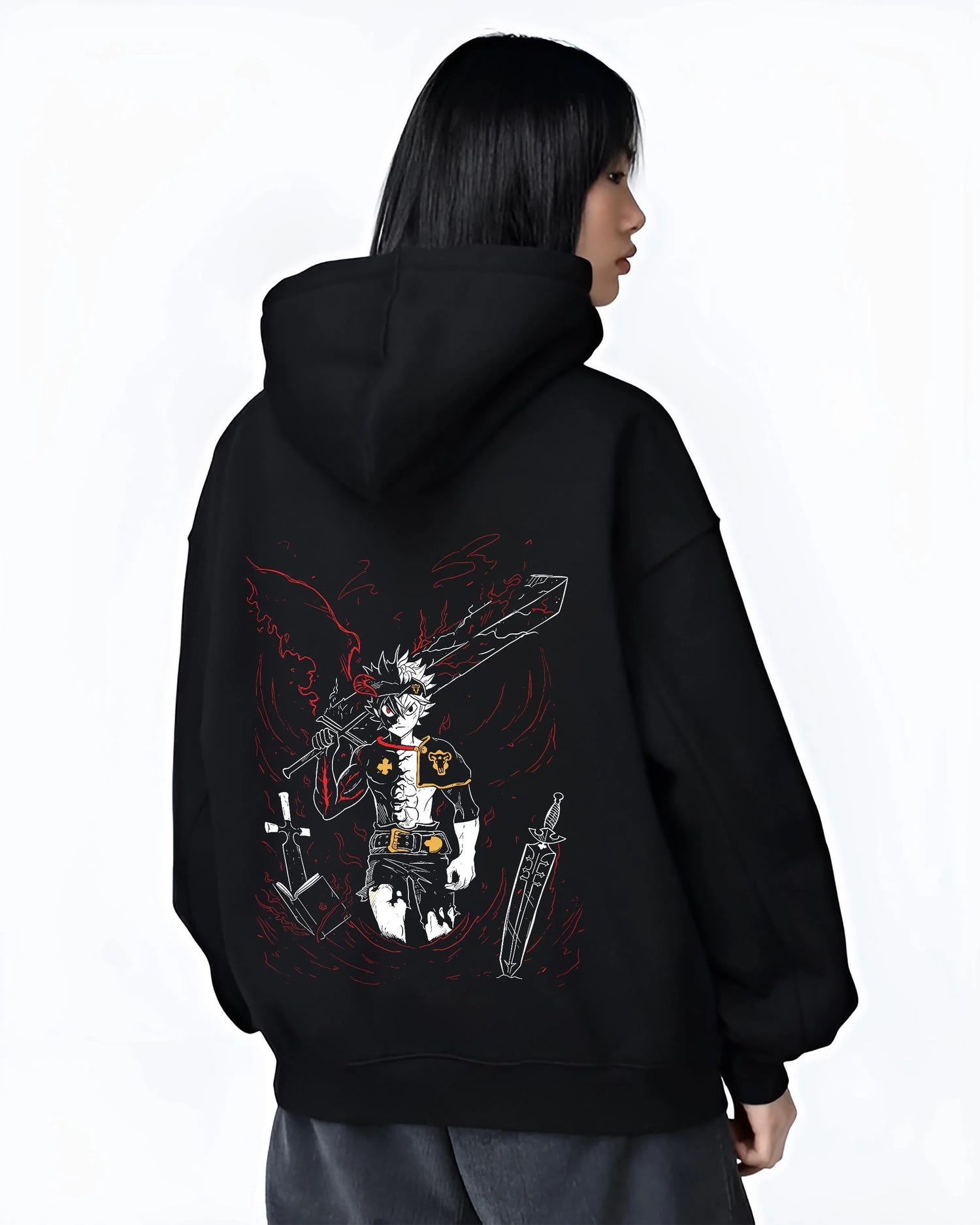 Black hoodie worn by female model, back view with Asta Demon Sword Hoodie Black Clover Dark Blade Form graphic streetwear graphic.