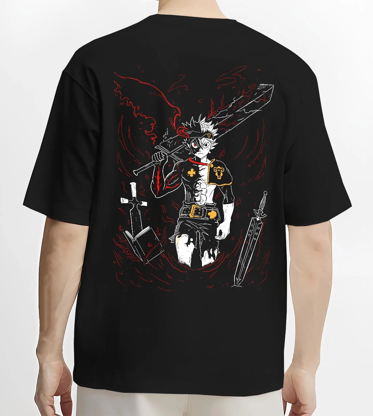 Black T-shirt worn by male model, back view with Asta Demon Sword Hoodie Black Clover Dark Blade Form graphic Asta anime design.