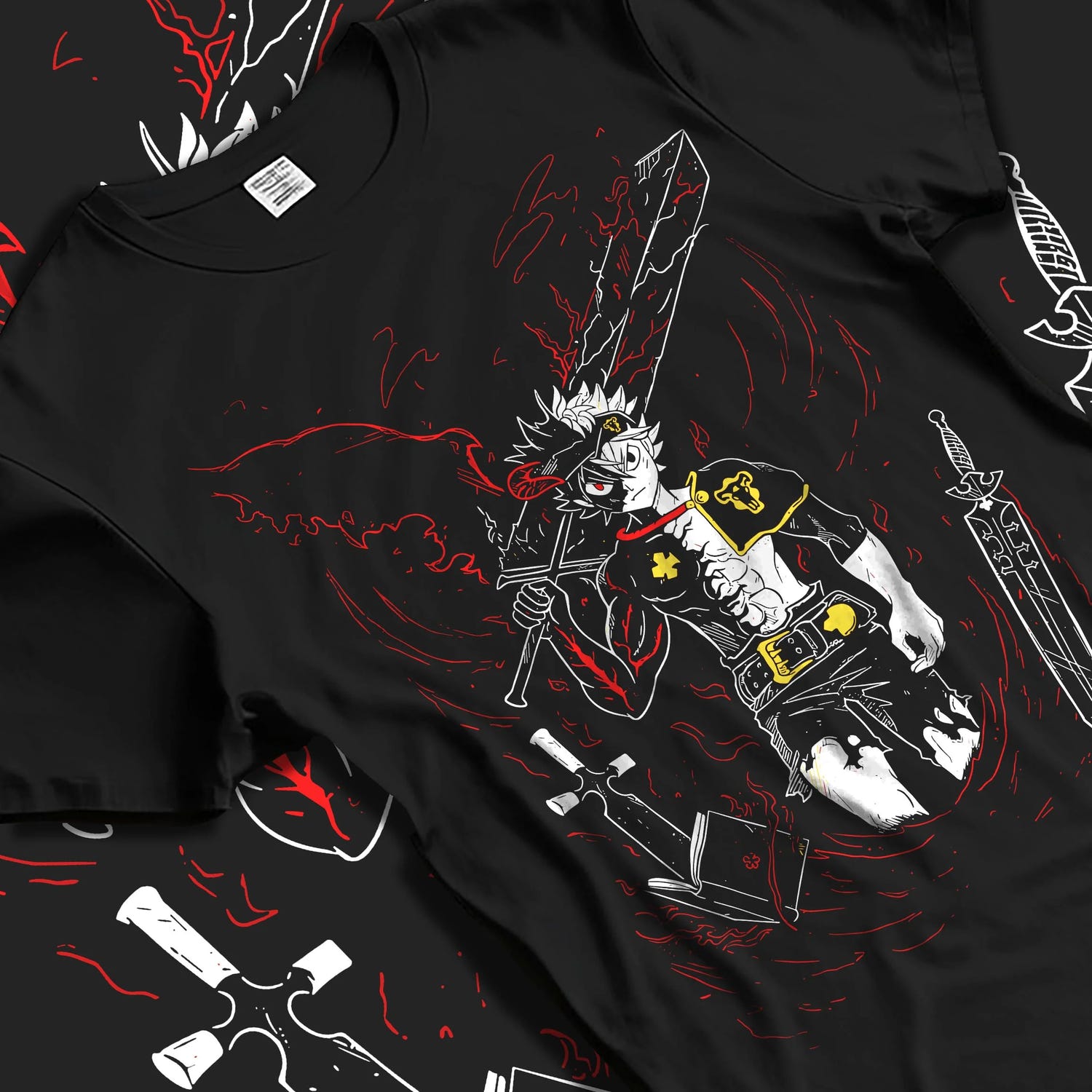 Black T-shirt laid flat with natural folds with Asta Demon Sword Hoodie Black Clover Dark Blade Form graphic Asta anime design.
