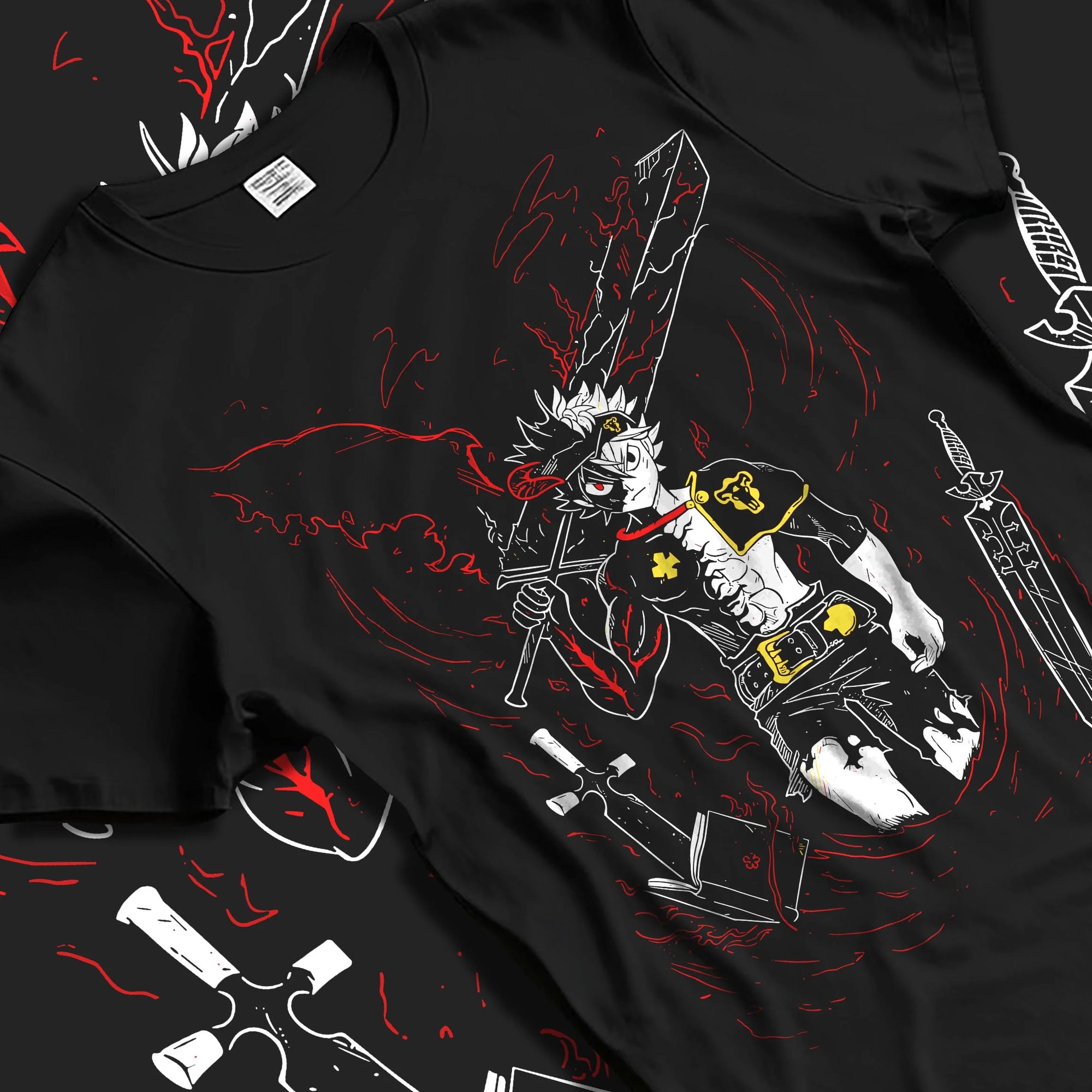 Black T-shirt laid flat with natural folds with Asta Demon Sword Hoodie Black Clover Dark Blade Form graphic Asta anime design.