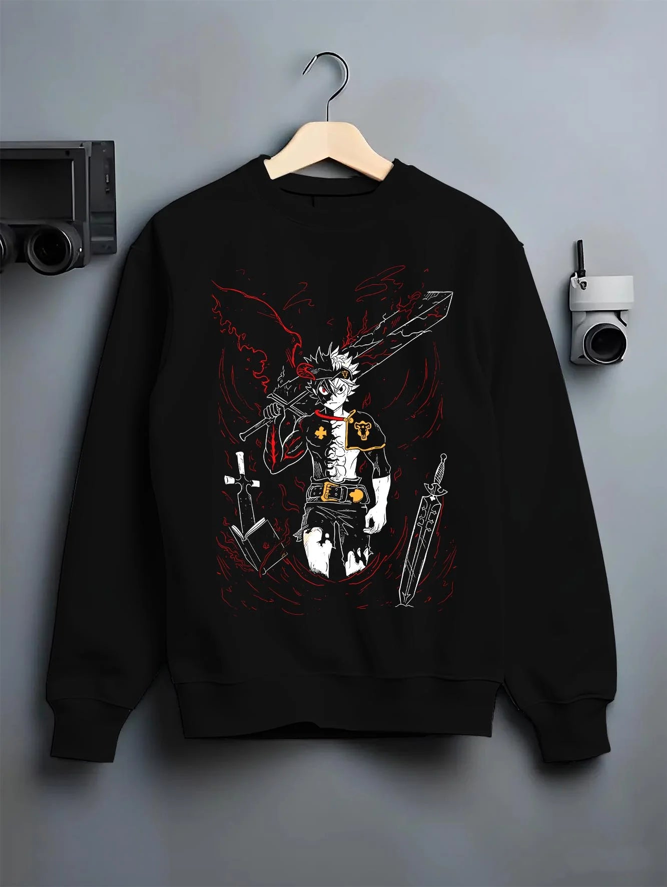 Black crewneck sweatshirt on hanger with Asta Demon Sword Hoodie Black Clover Dark Blade Form graphic Asta themed artwork.