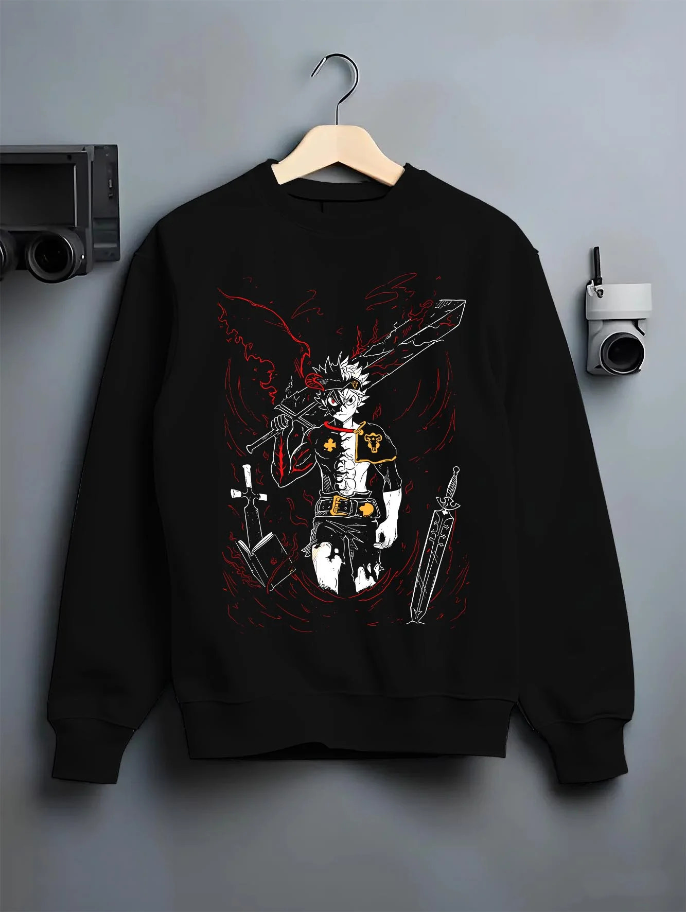 Black crewneck sweatshirt on hanger with Asta Demon Sword Hoodie Black Clover Dark Blade Form graphic Asta themed artwork.
