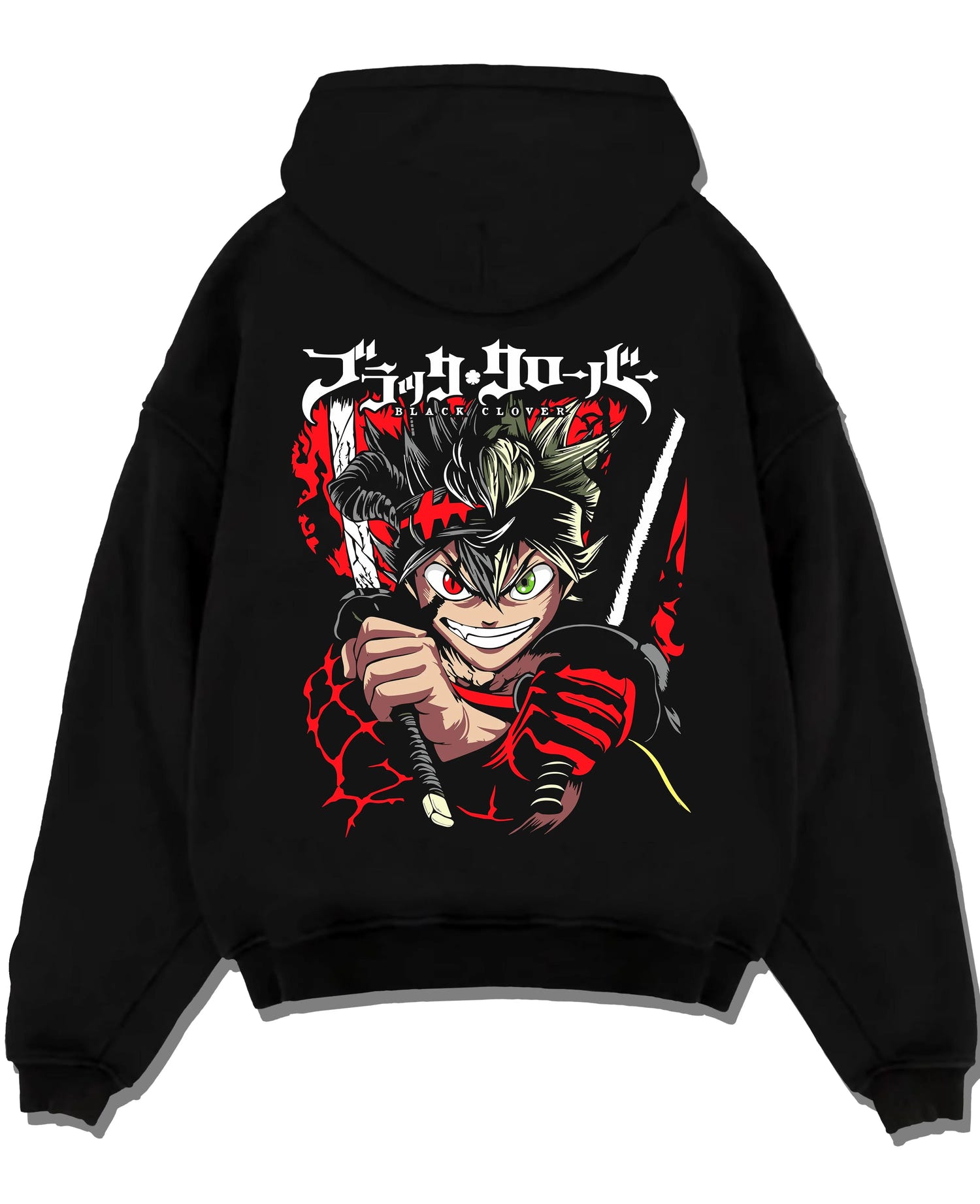 Black pullover hoodie laid flat with Asta Battle Hoodie Black Clover Fierce Grin Warrior graphic streetwear graphic.
