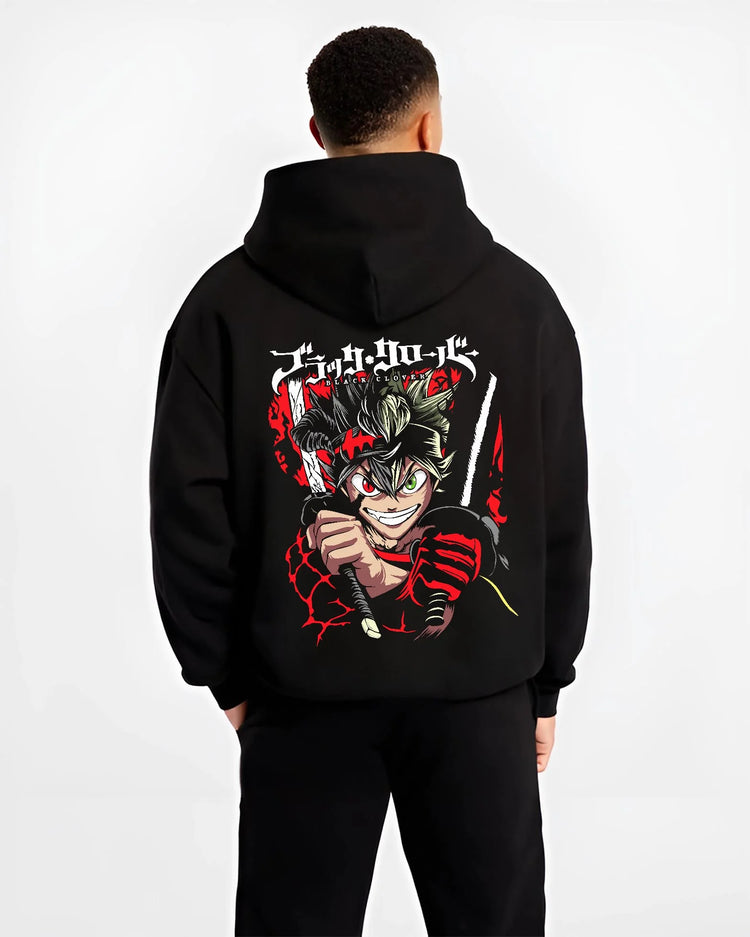 Black hoodie worn by male model, back view with Asta Battle Hoodie Black Clover Fierce Grin Warrior graphic premium wear.