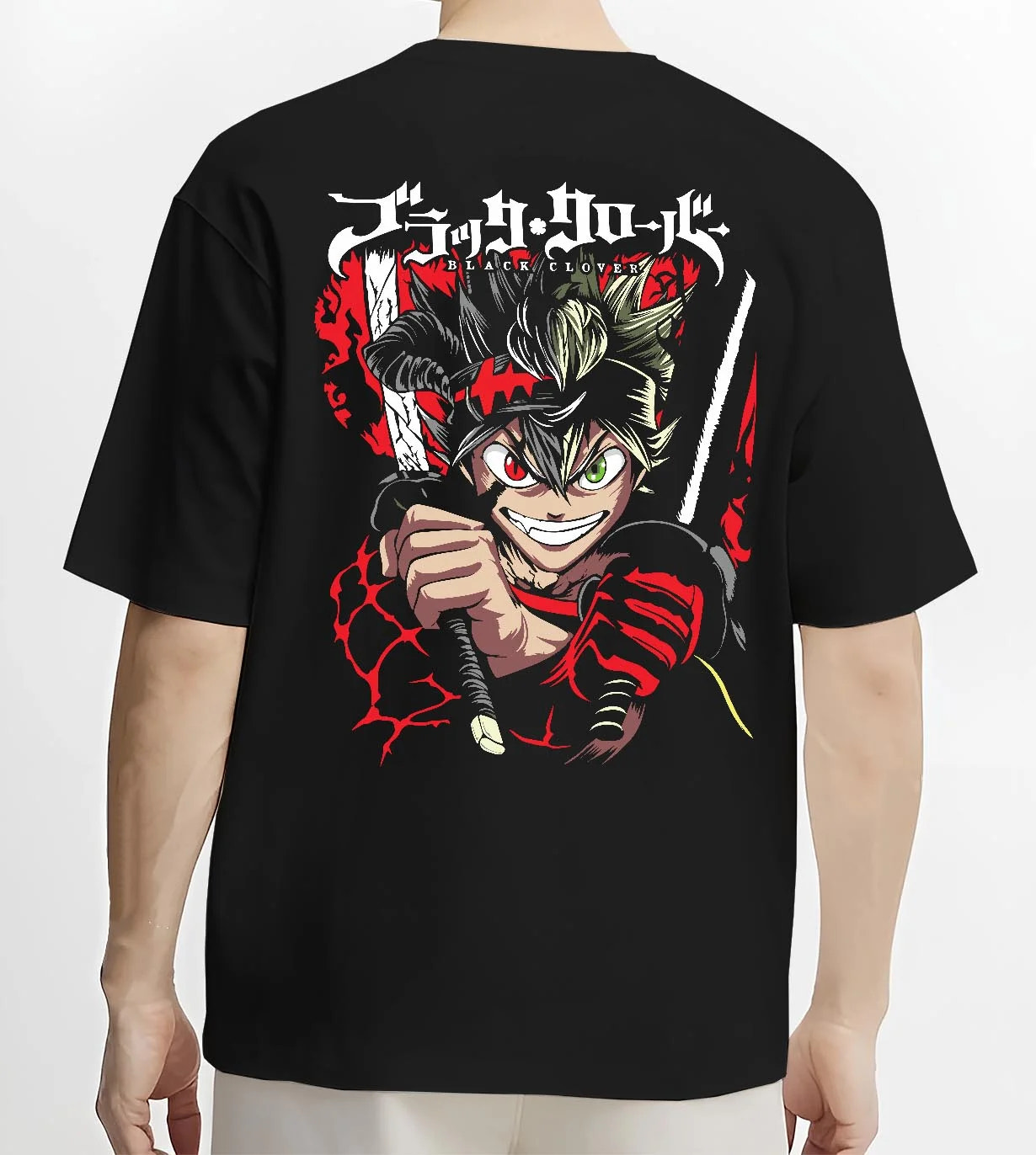 Black T-shirt worn by male model, back view with Asta Battle Hoodie Black Clover Fierce Grin Warrior graphic Asta themed artwork.