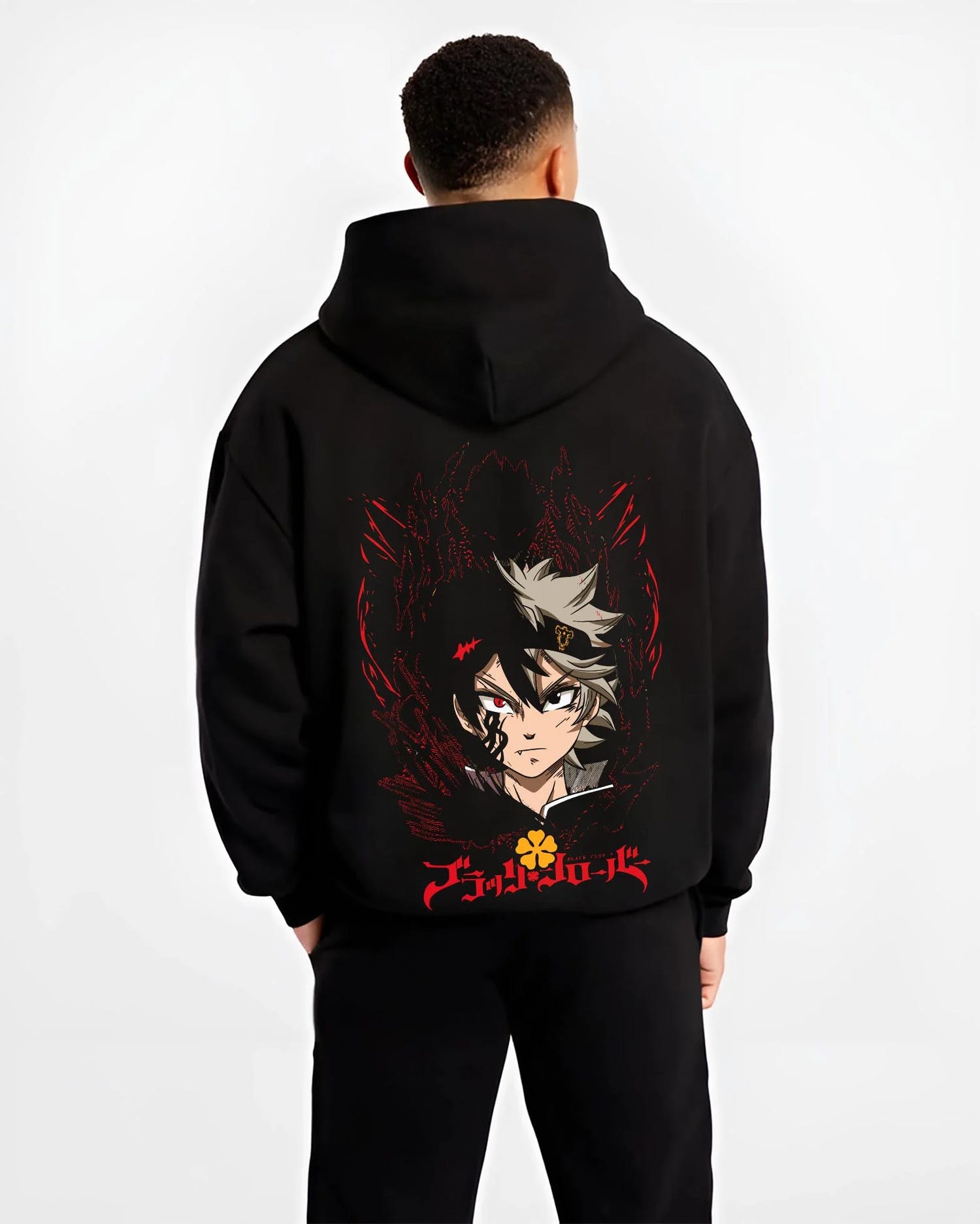 Black hoodie worn by male model, back view with Asta Demon Mark Hoodie Black Clover Cursed Form Print graphic Asta anime design.