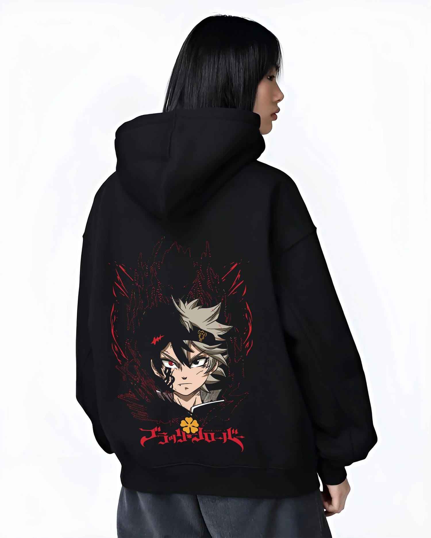 Black hoodie worn by female model, back view with Asta Demon Mark Hoodie Black Clover Cursed Form Print graphic Asta anime design.