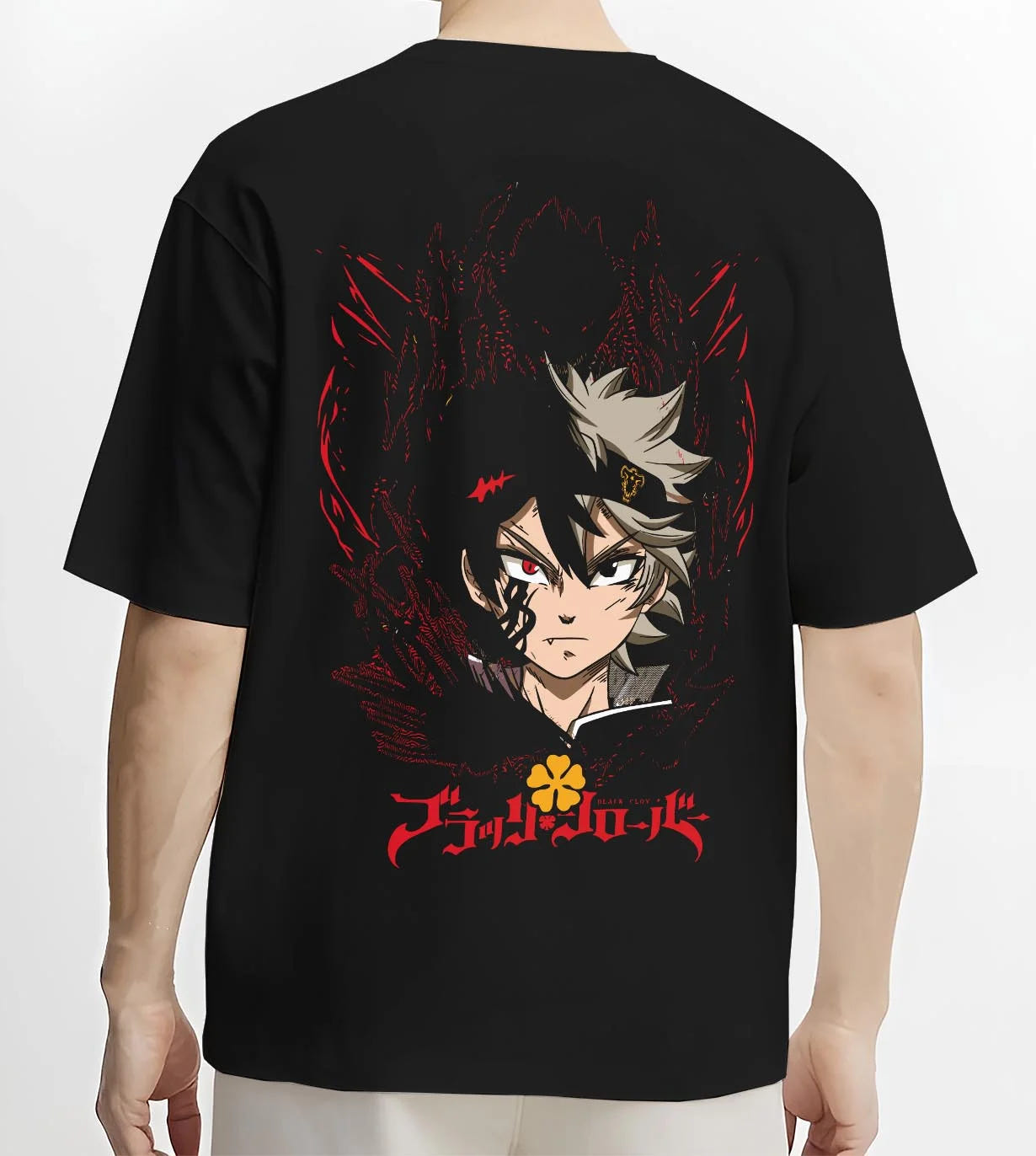 Black T-shirt worn by male model, back view with Asta Demon Mark Hoodie Black Clover Cursed Form Print graphic streetwear graphic.