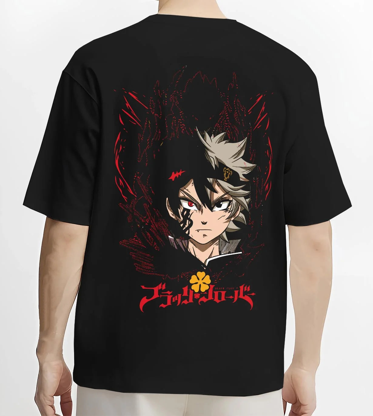 Black T-shirt worn by male model, back view with Asta Demon Mark Hoodie Black Clover Cursed Form Print graphic streetwear graphic.