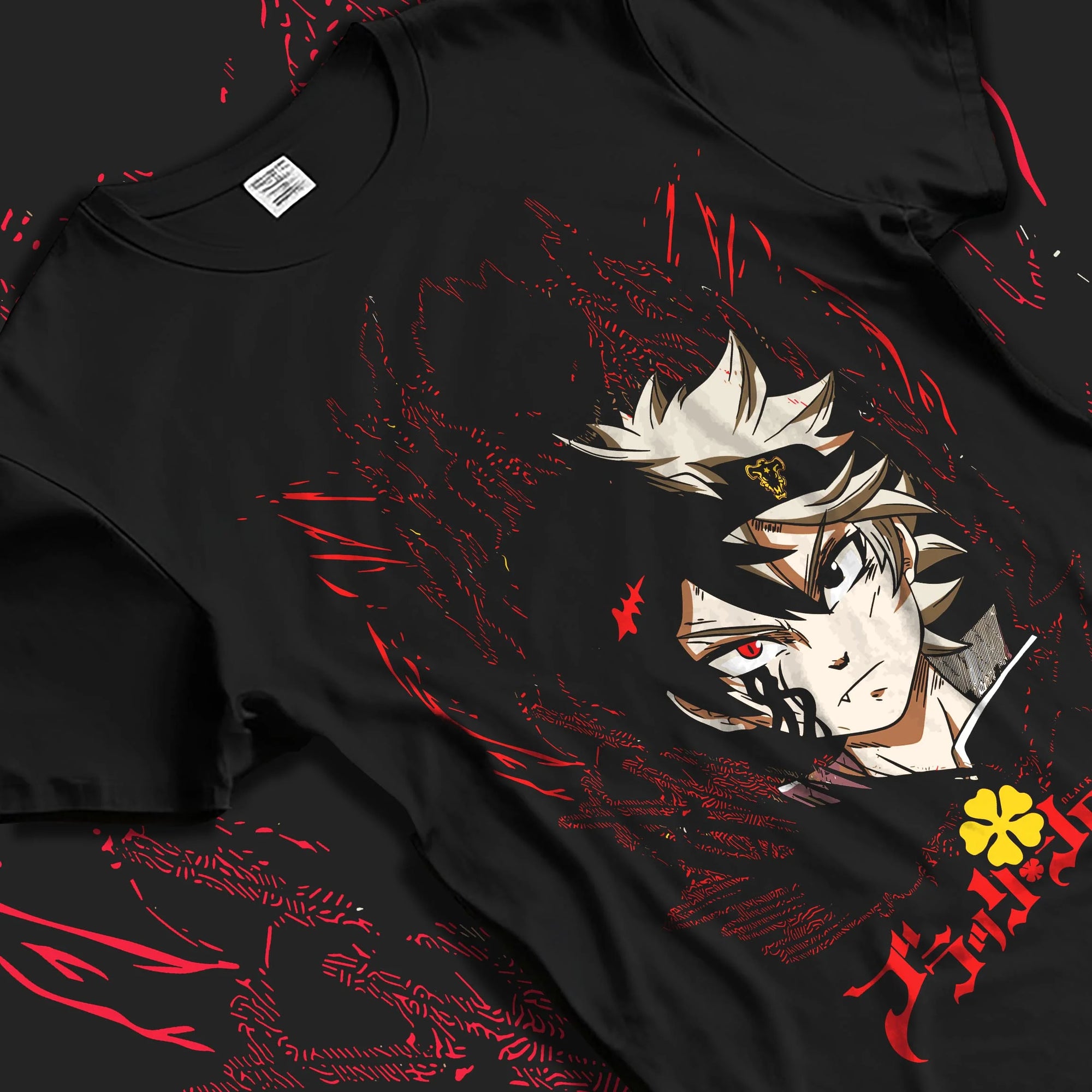 Black T-shirt laid flat with natural folds with Asta Demon Mark Hoodie Black Clover Cursed Form Print graphic streetwear graphic.